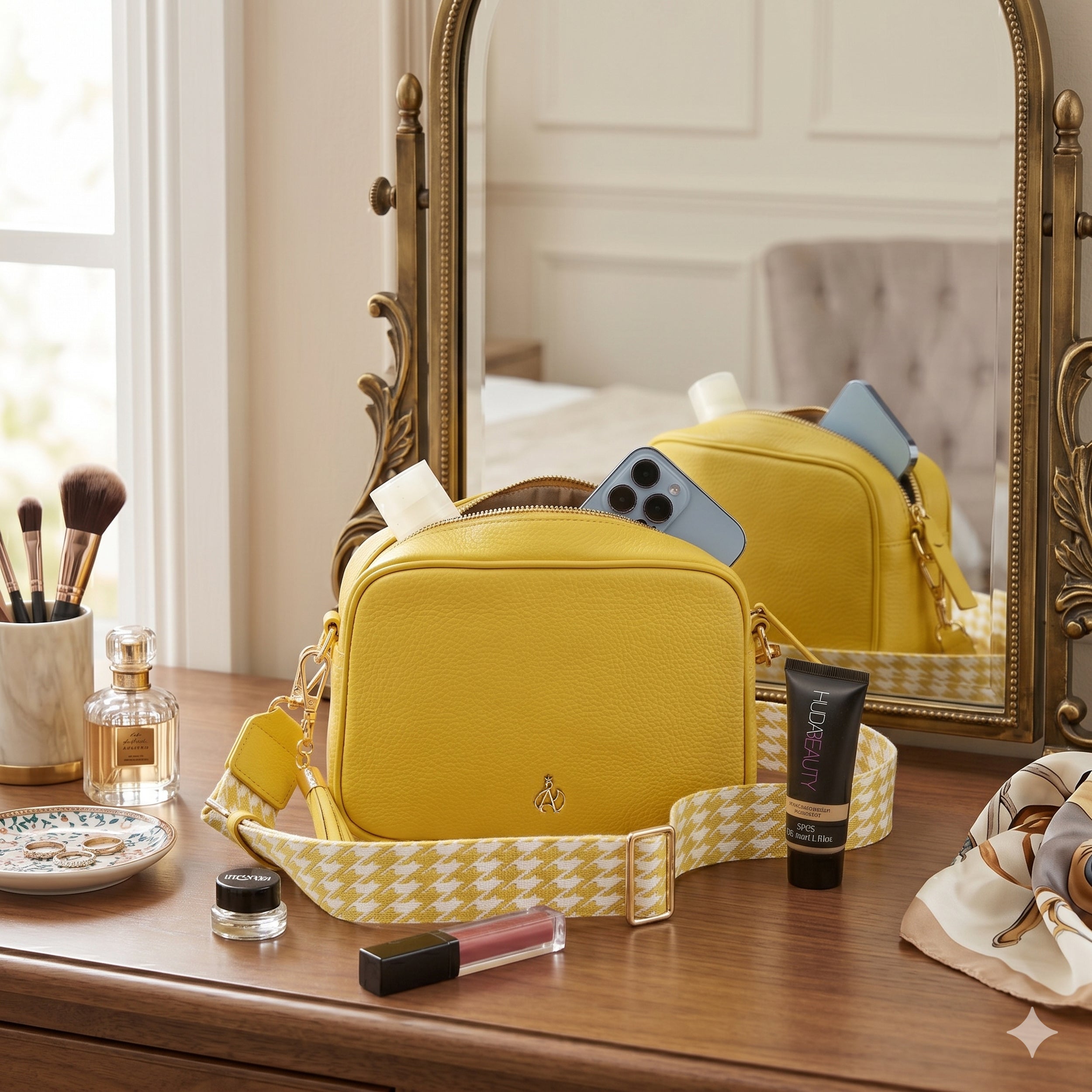 'KENT' Sunflower Pebble Grain Real Leather Crossbody Bag