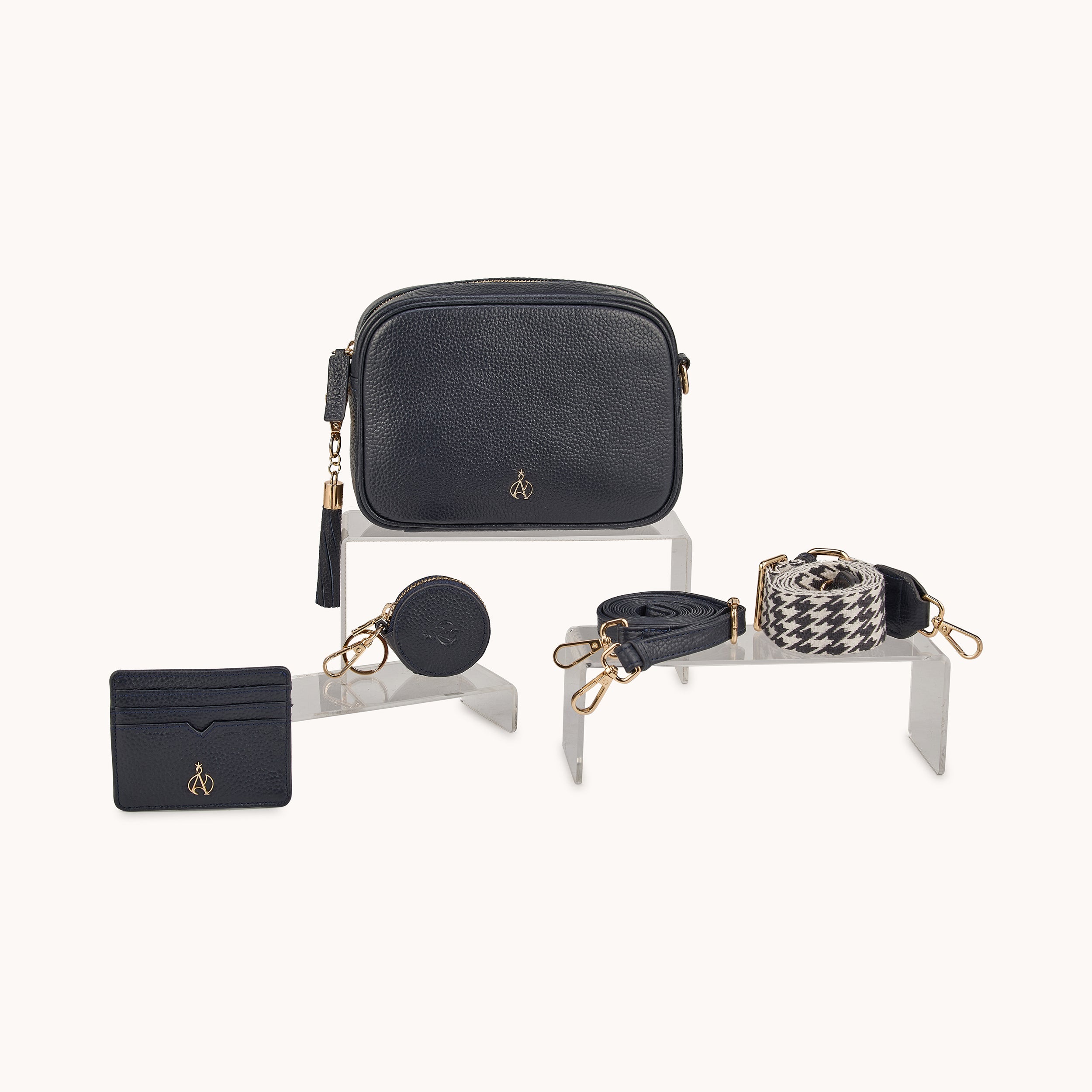 'KENT' Navy Pebble Grain Real Leather Crossbody Bag
