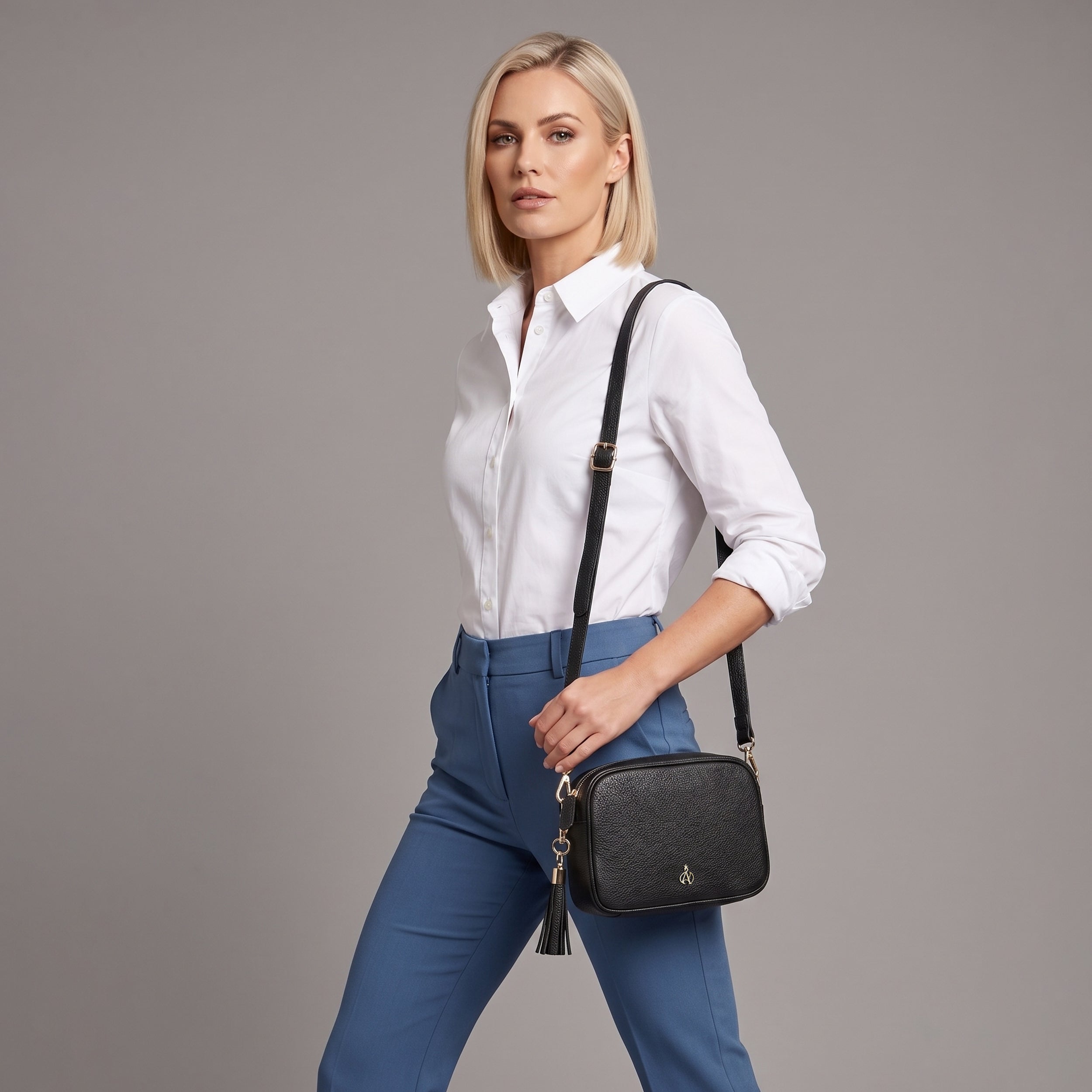 'KENT' Black Pebble Grain Real Leather Crossbody Bag