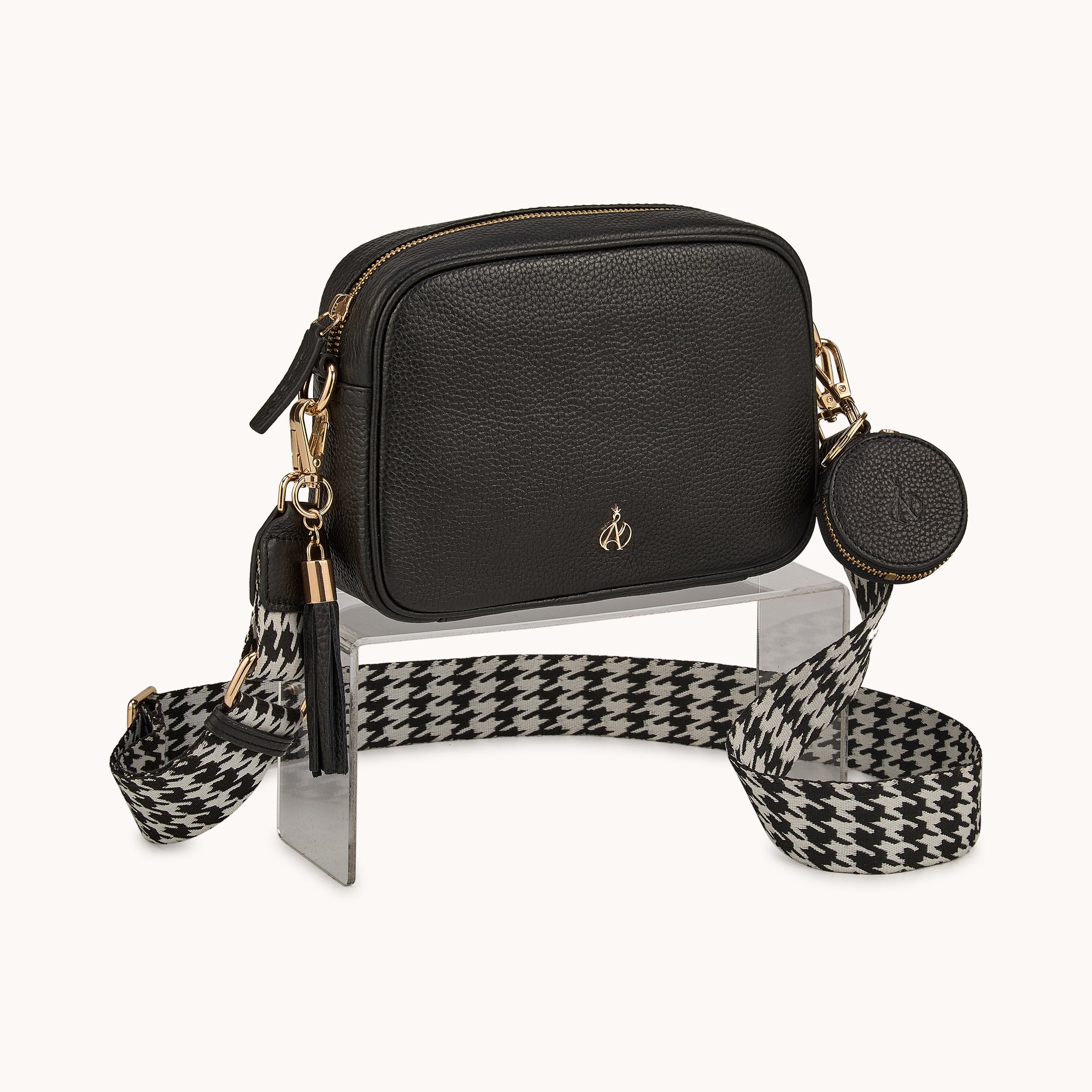 'KENT' Black Pebble Grain Real Leather Crossbody Bag