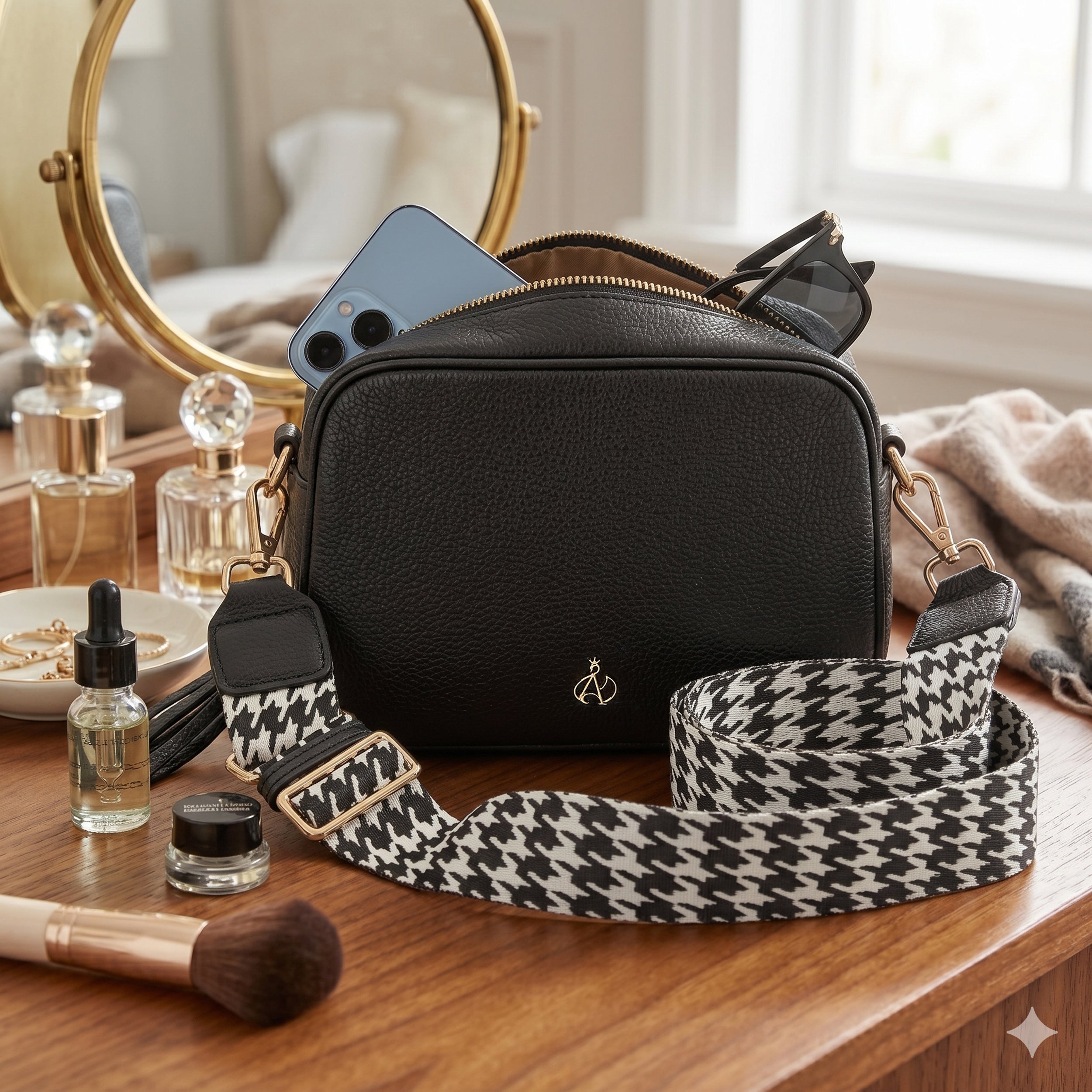 'KENT' Black Pebble Grain Real Leather Crossbody Bag