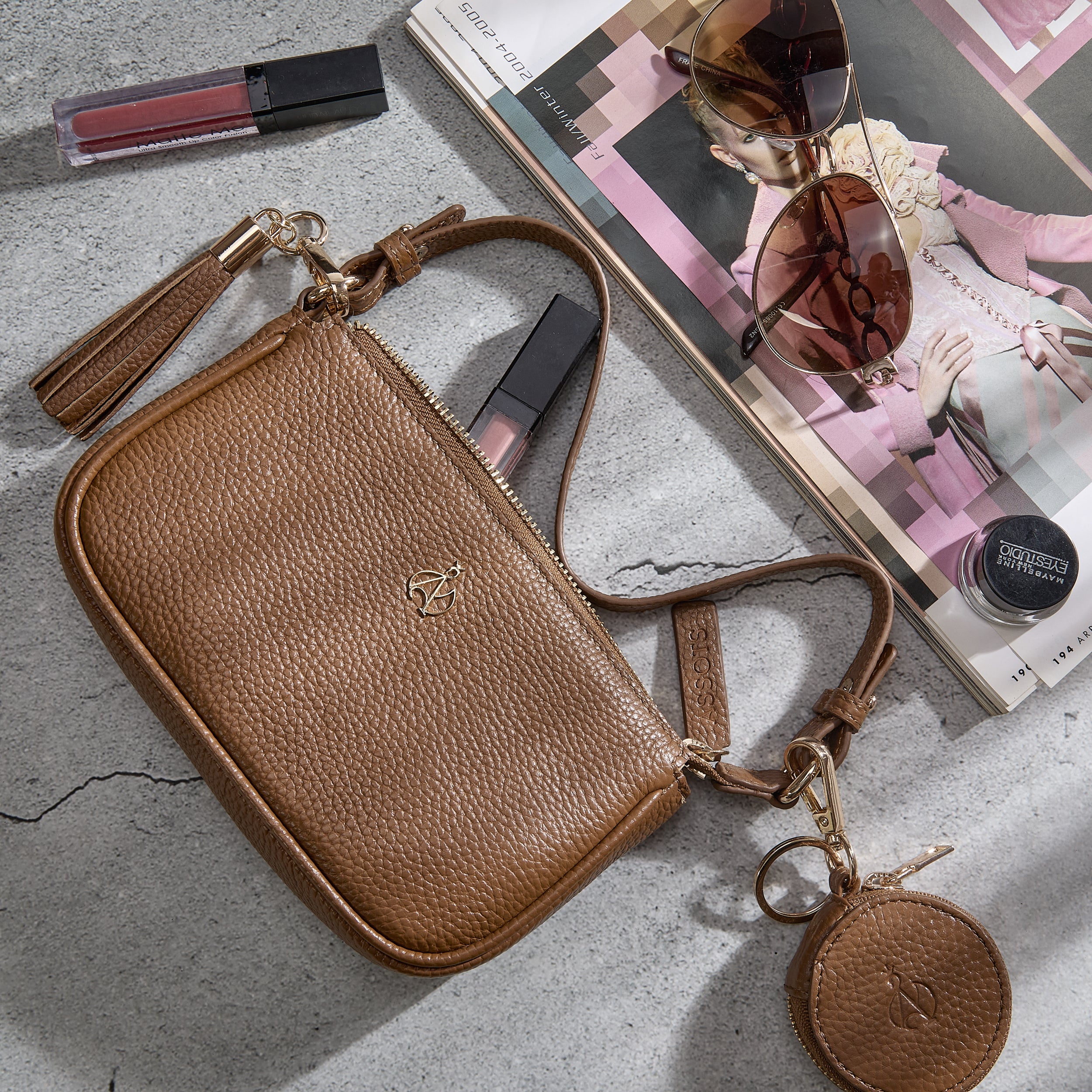 'ROSE' Tan Pebble Grain Real Leather Shoulder Bag