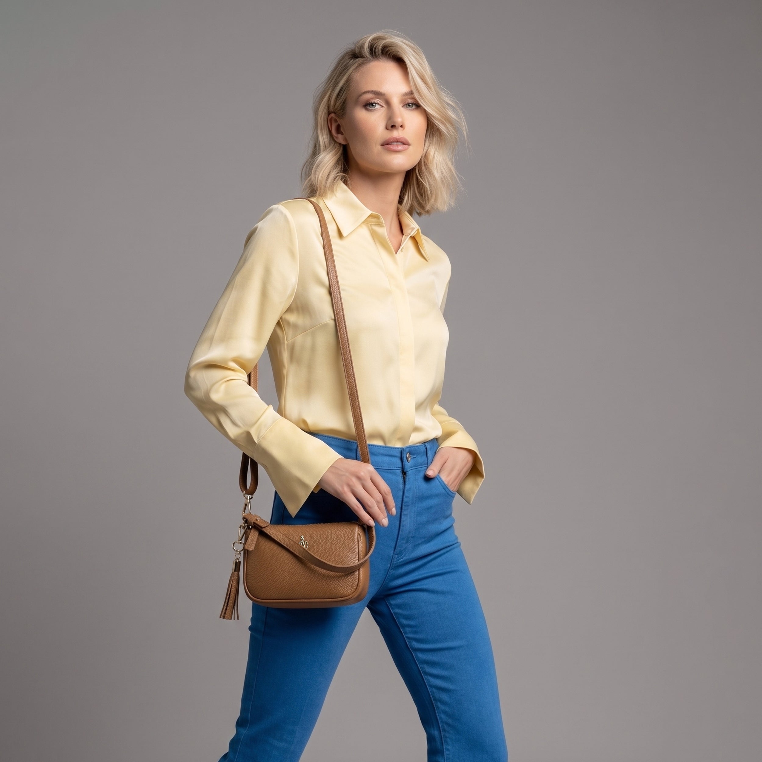 'ROSE' Tan Pebble Grain Real Leather Shoulder Bag