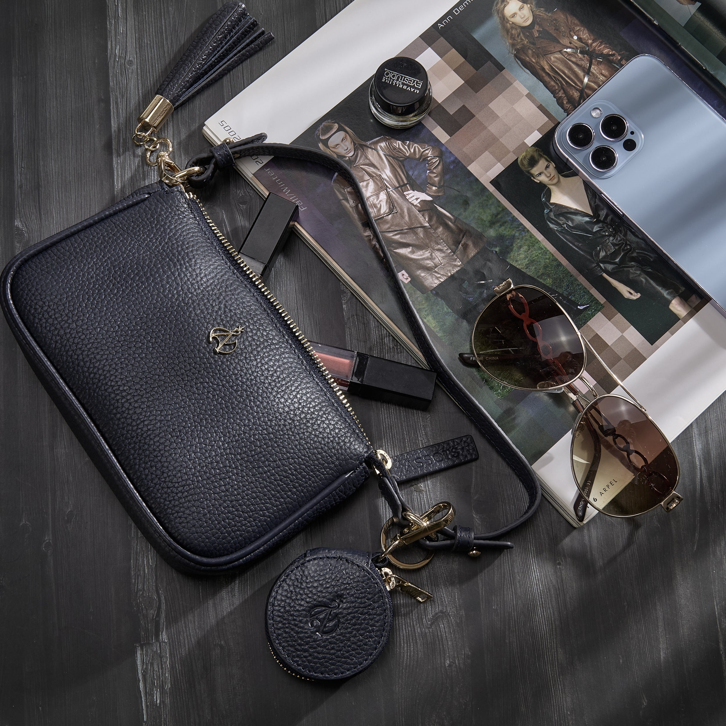 'ROSE' Navy Pebble Grain Real Leather Shoulder Bag