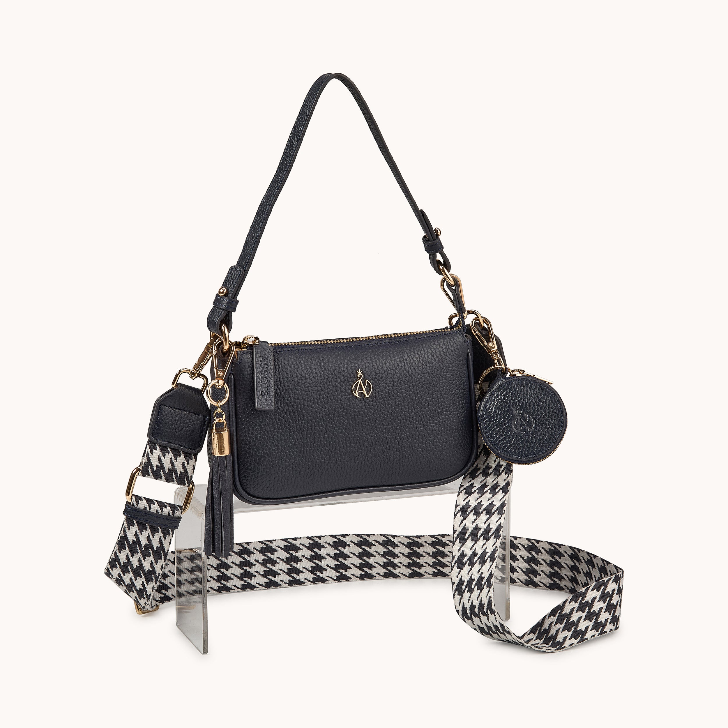 'ROSE' Navy Pebble Grain Real Leather Shoulder Bag