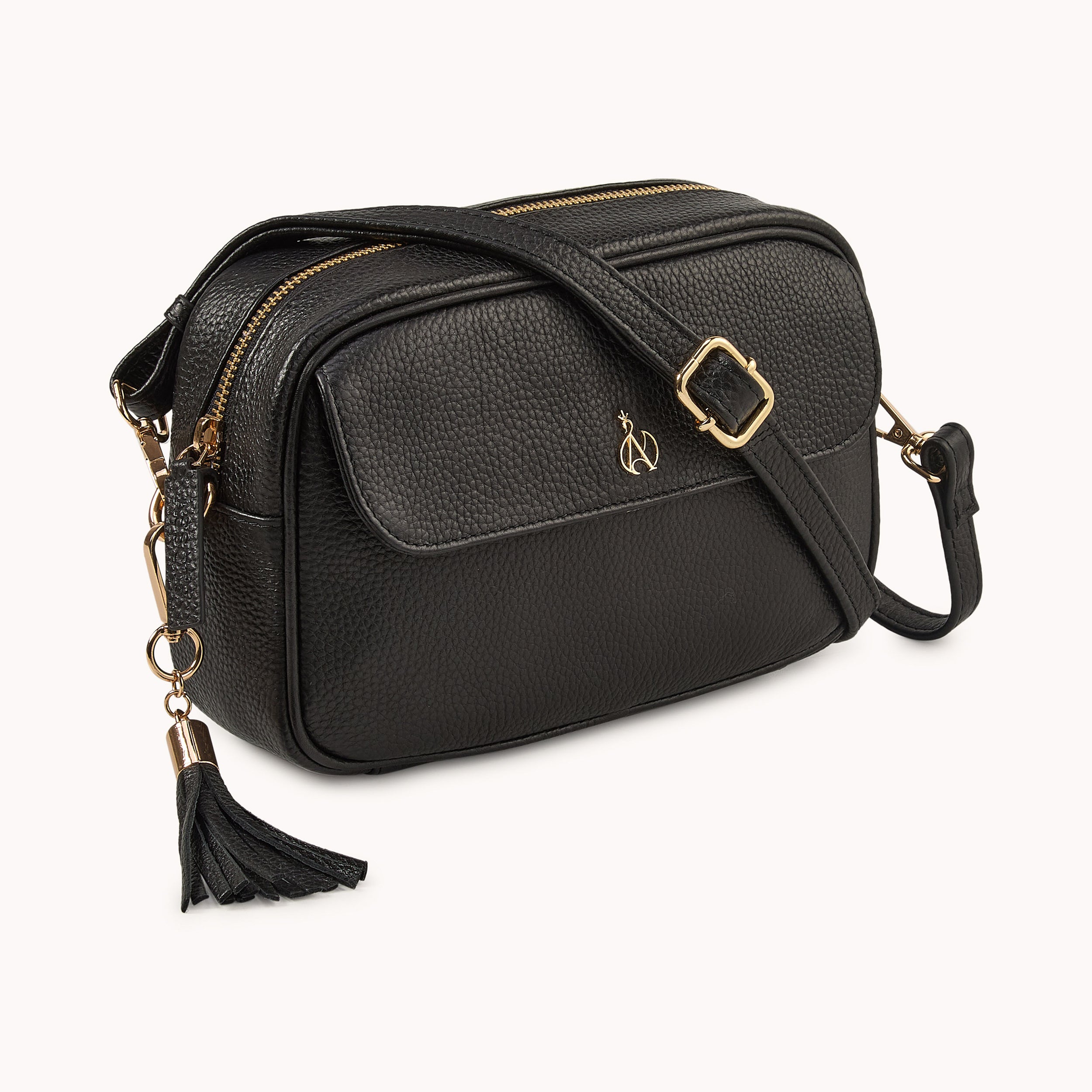 'HACKNEY' Black Pebble Grain Real Leather Crossbody Bag
