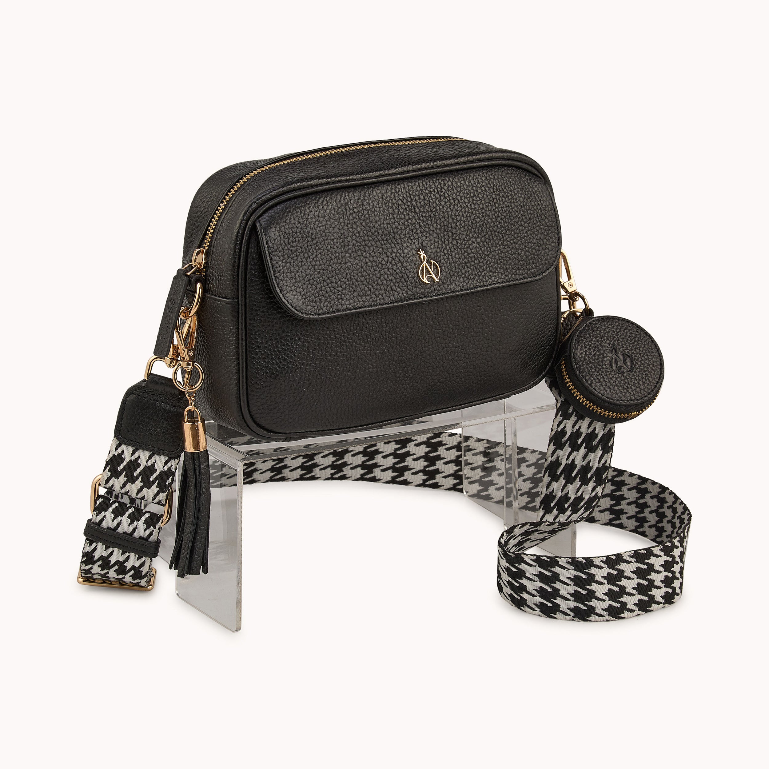 'HACKNEY' Black Pebble Grain Real Leather Crossbody Bag