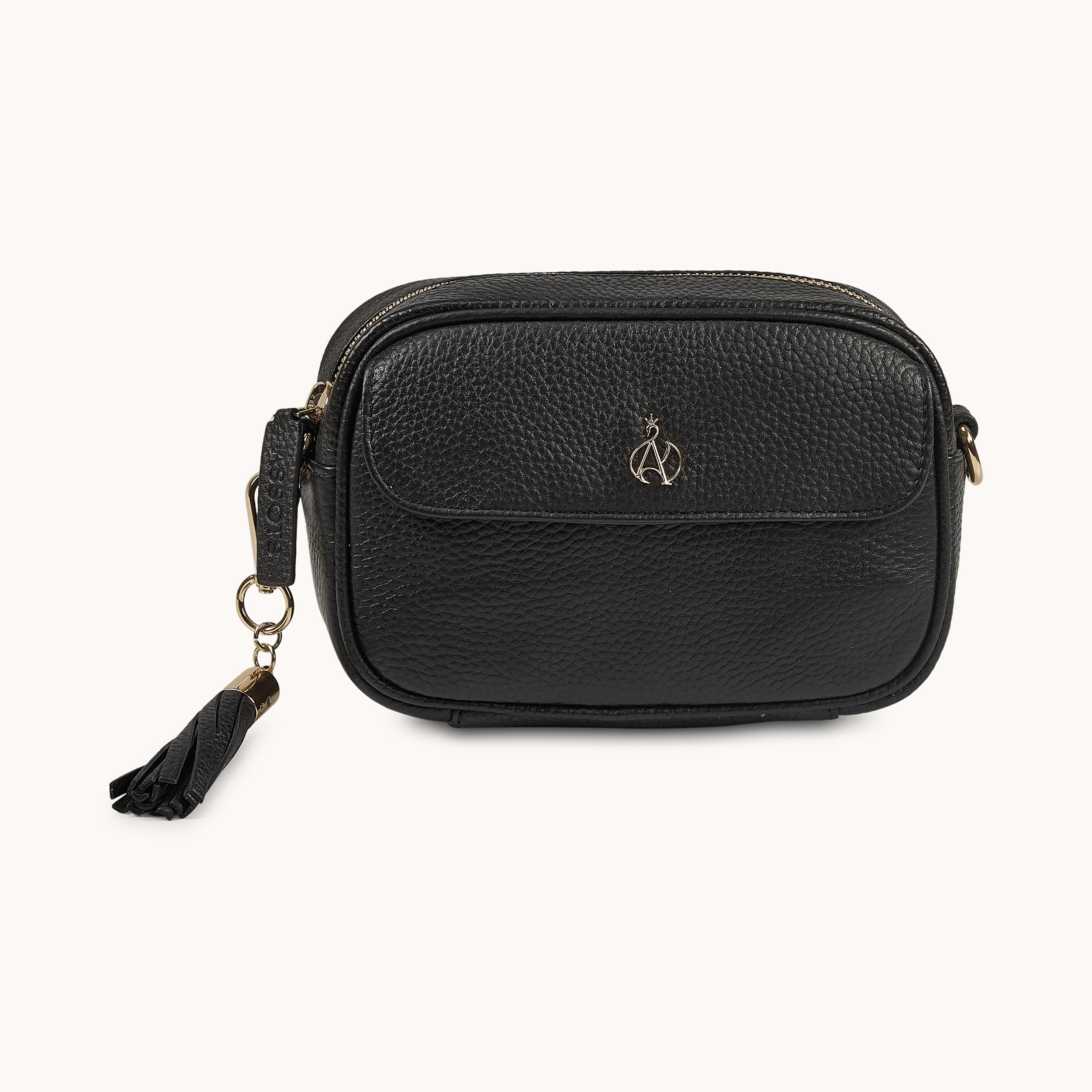 'HACKNEY MINI' Black Pebble Grain Real Leather Crossbody Bag