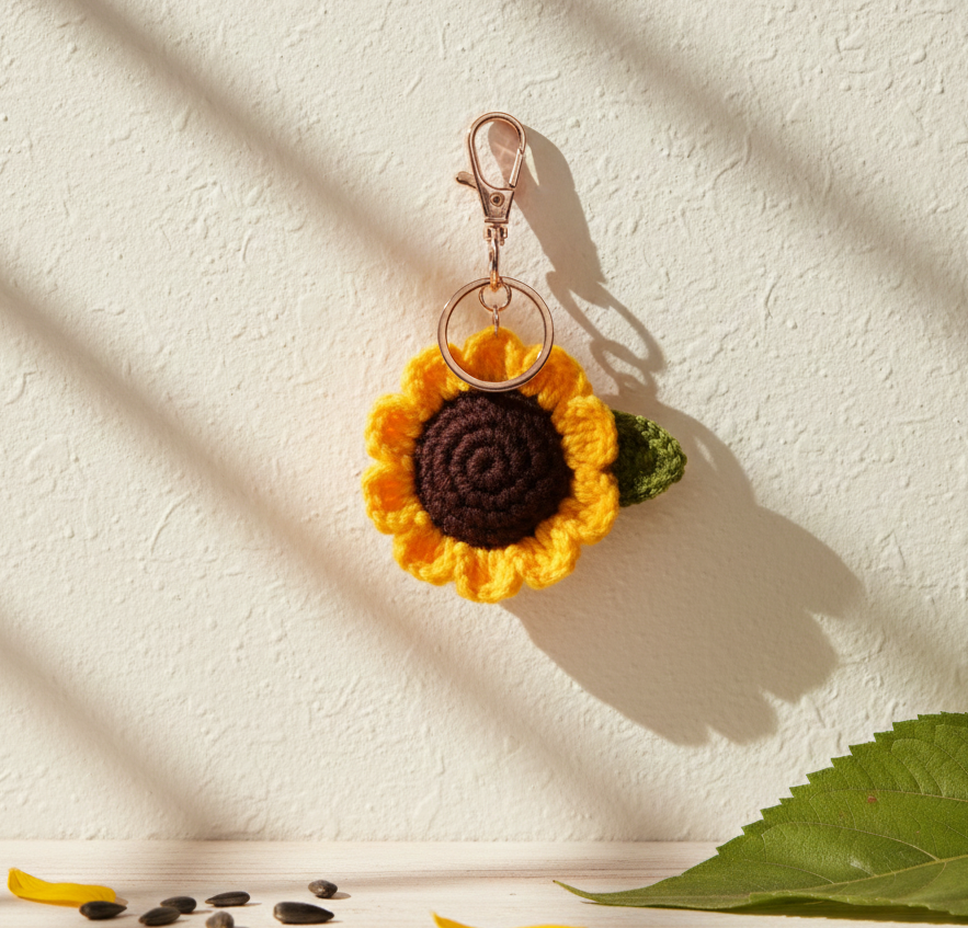 The Sunflower Hand Crochet Gold Charm Keyring
