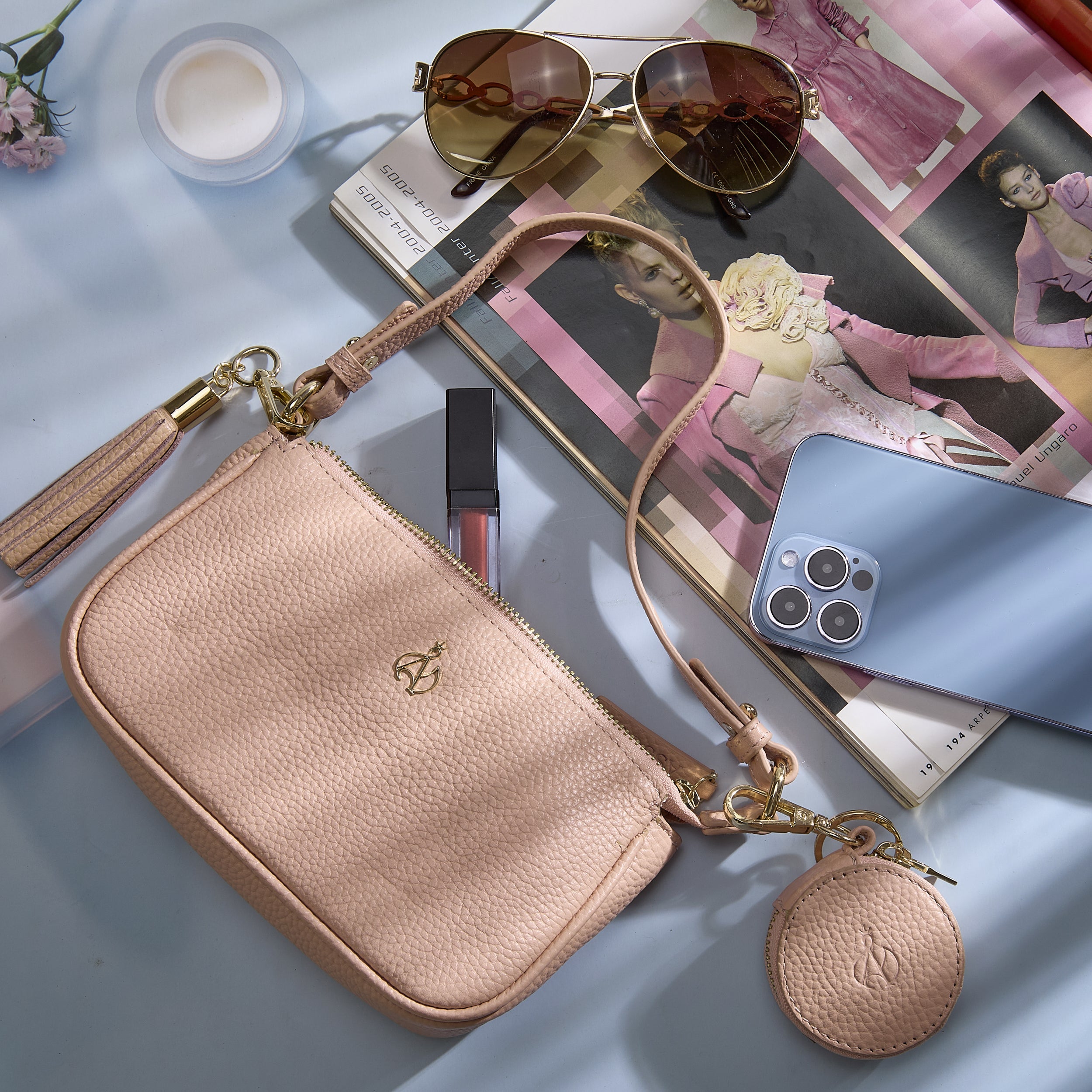 'ROSE' Peach Pebble Grain Real Leather Shoulder Bag