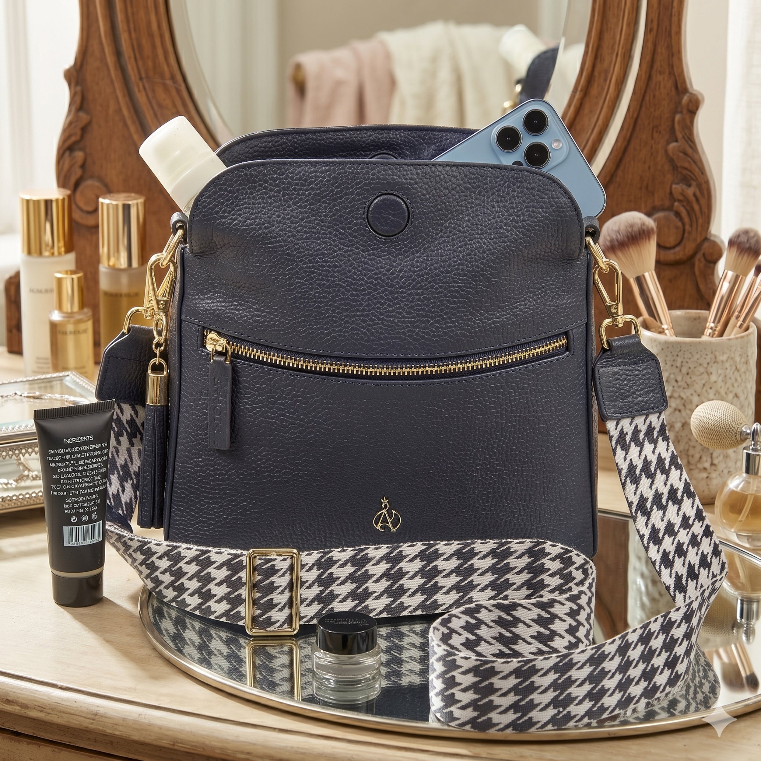 'FIONA' Navy Pebble Grain Real Leather Shoulder Bag