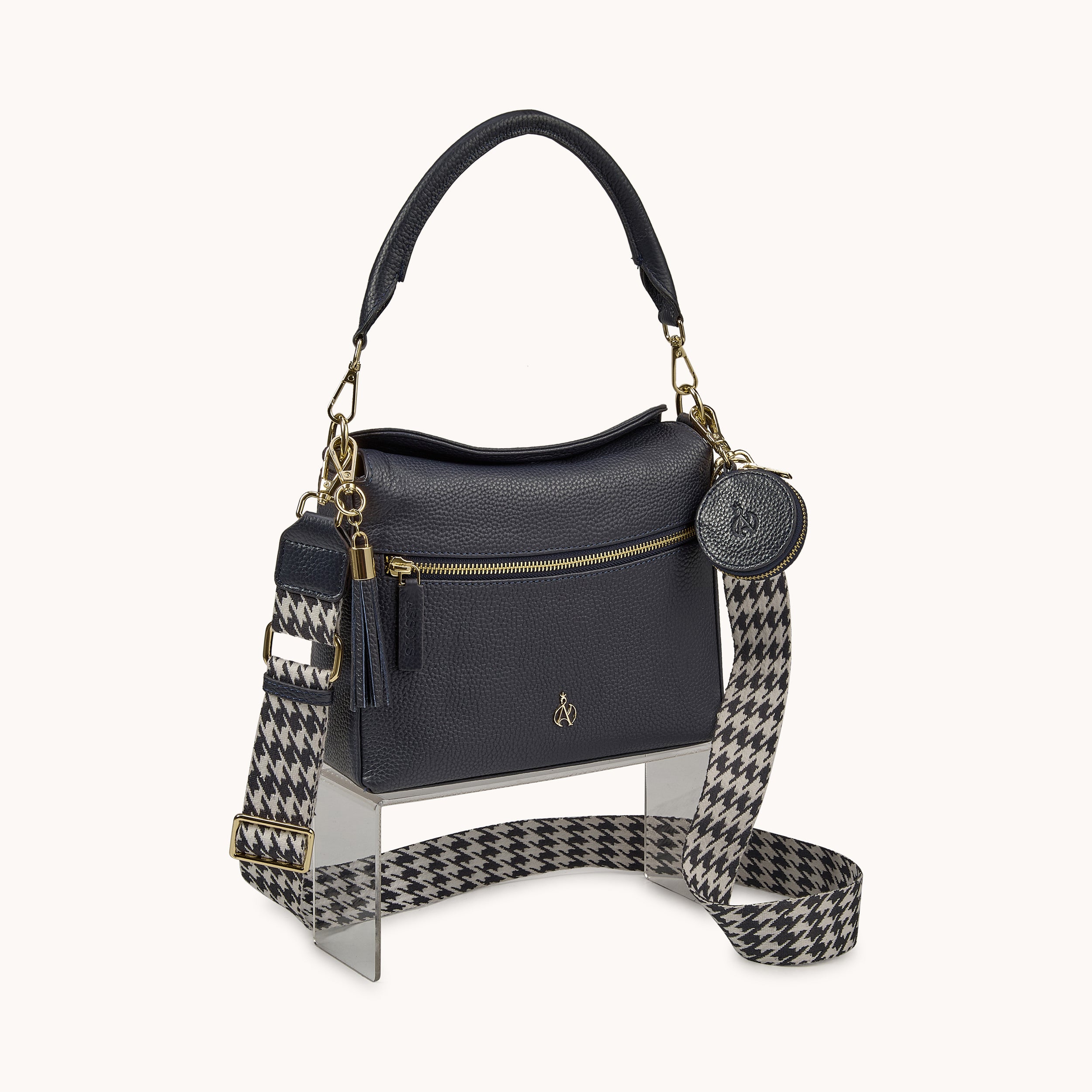 'FIONA' Navy Pebble Grain Real Leather Shoulder Bag