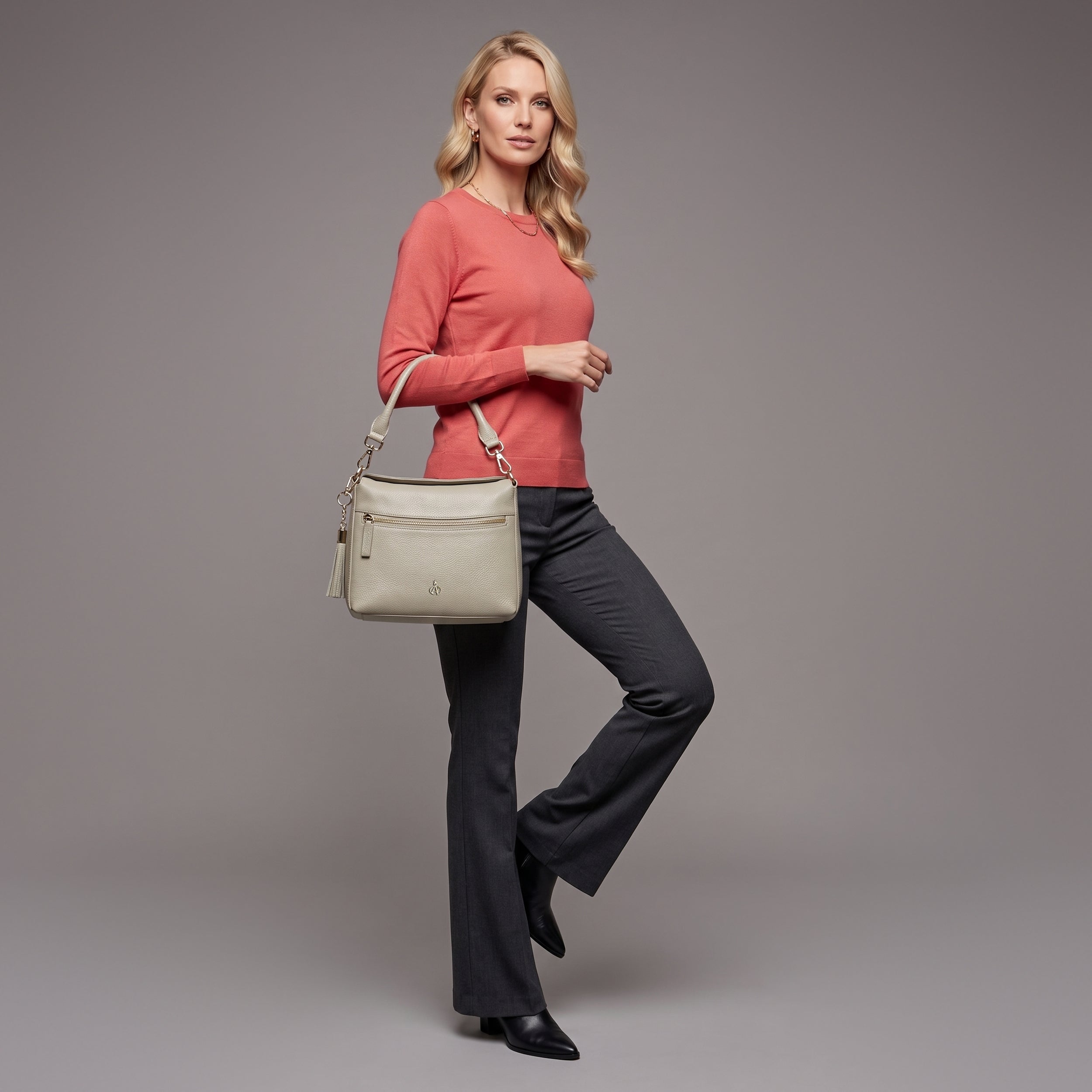 'FIONA' Fog Grey Pebble Grain Real Leather Shoulder Bag