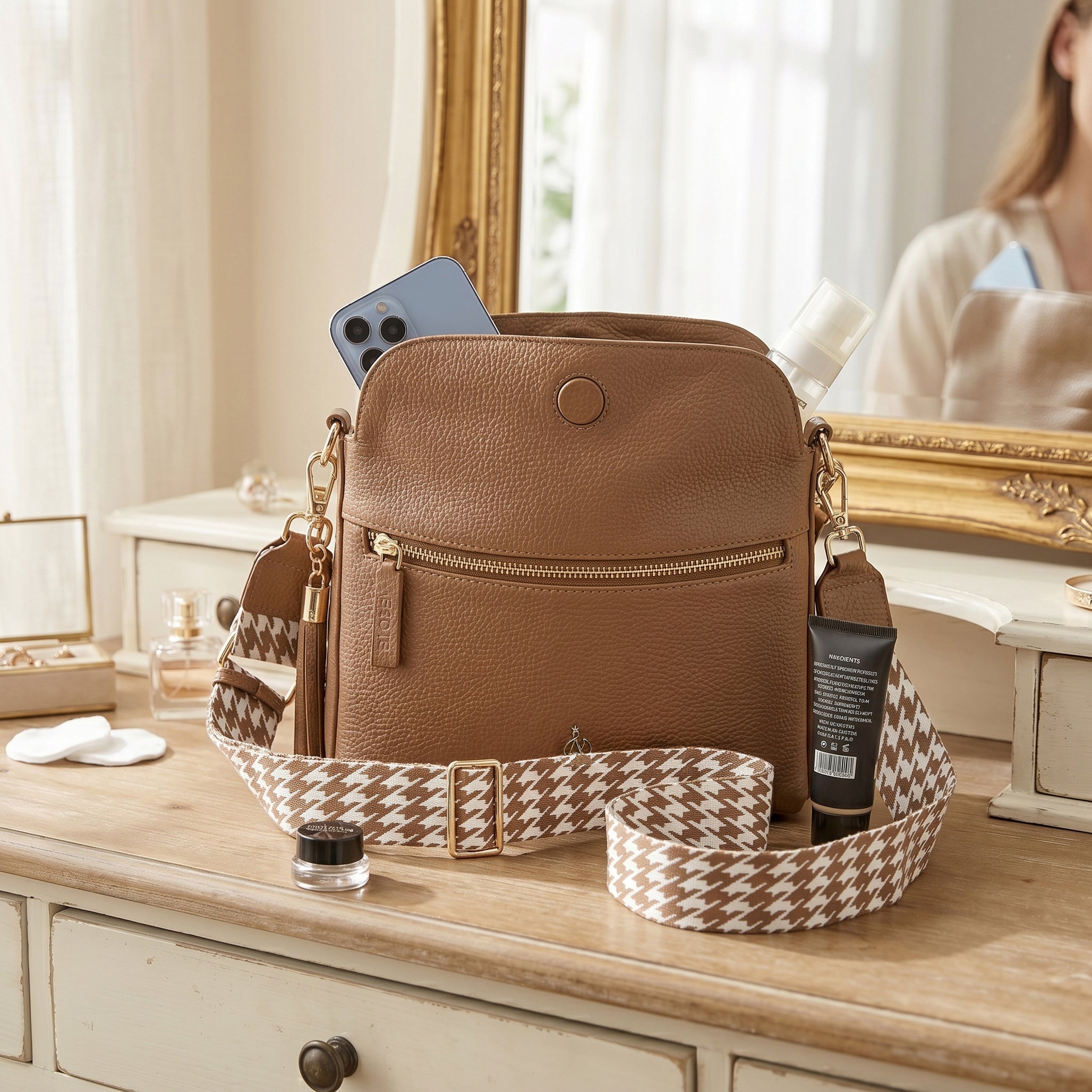'FIONA' Tan Pebble Grain Real Leather Shoulder Bag