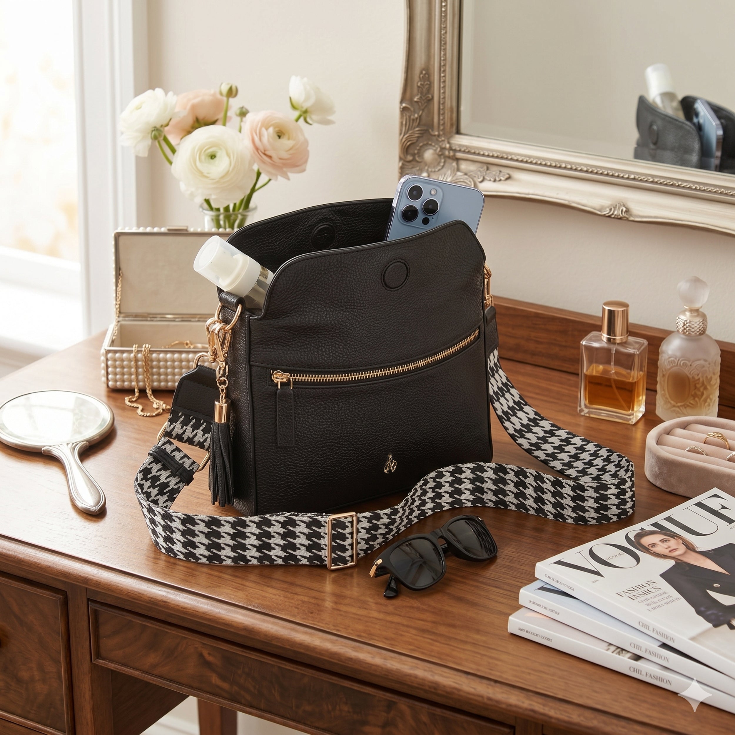 'FIONA' Black Pebble Grain Real Leather Shoulder Bag