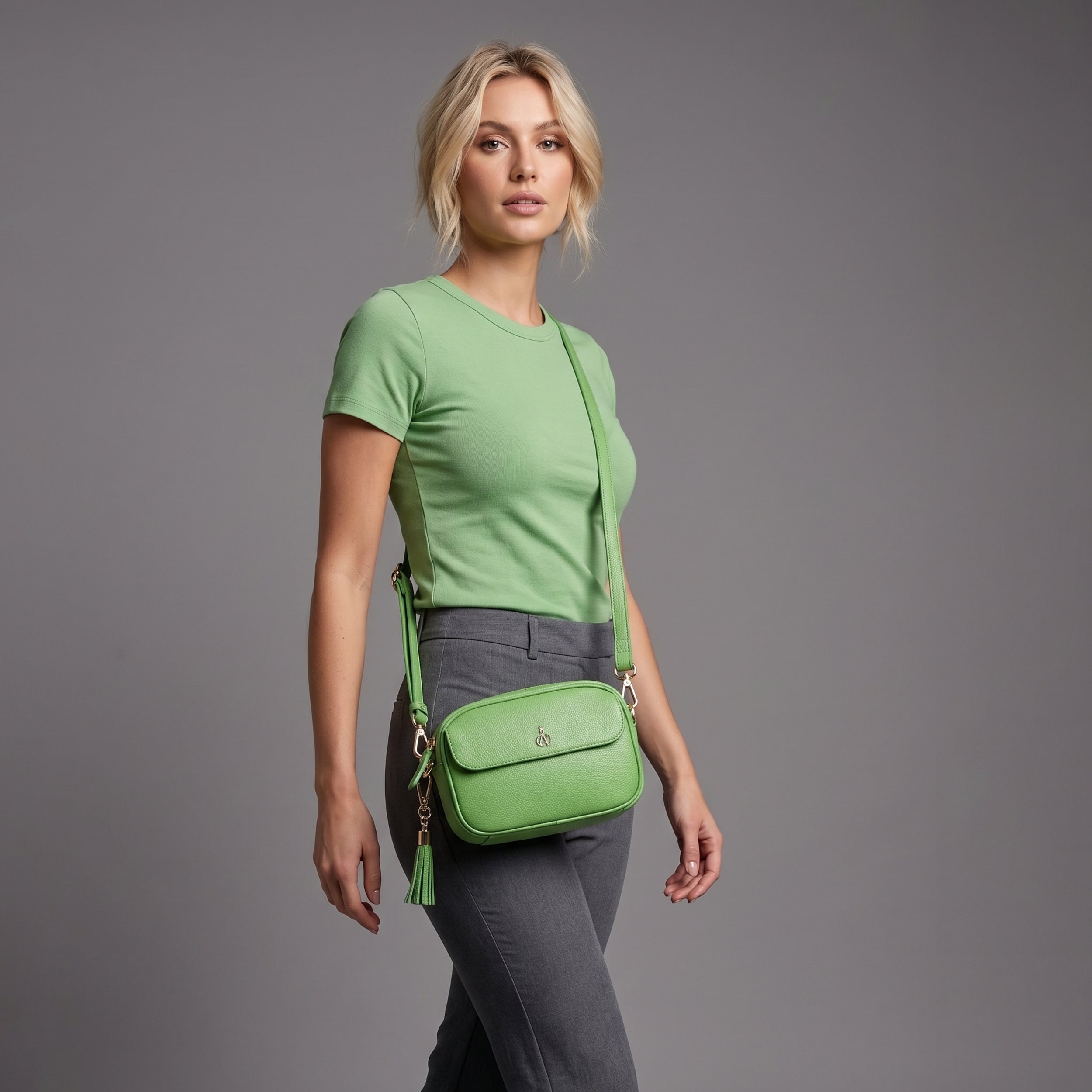 'HACKNEY MINI' Matcha Green Pebble Grain Real Leather Crossbody Bag