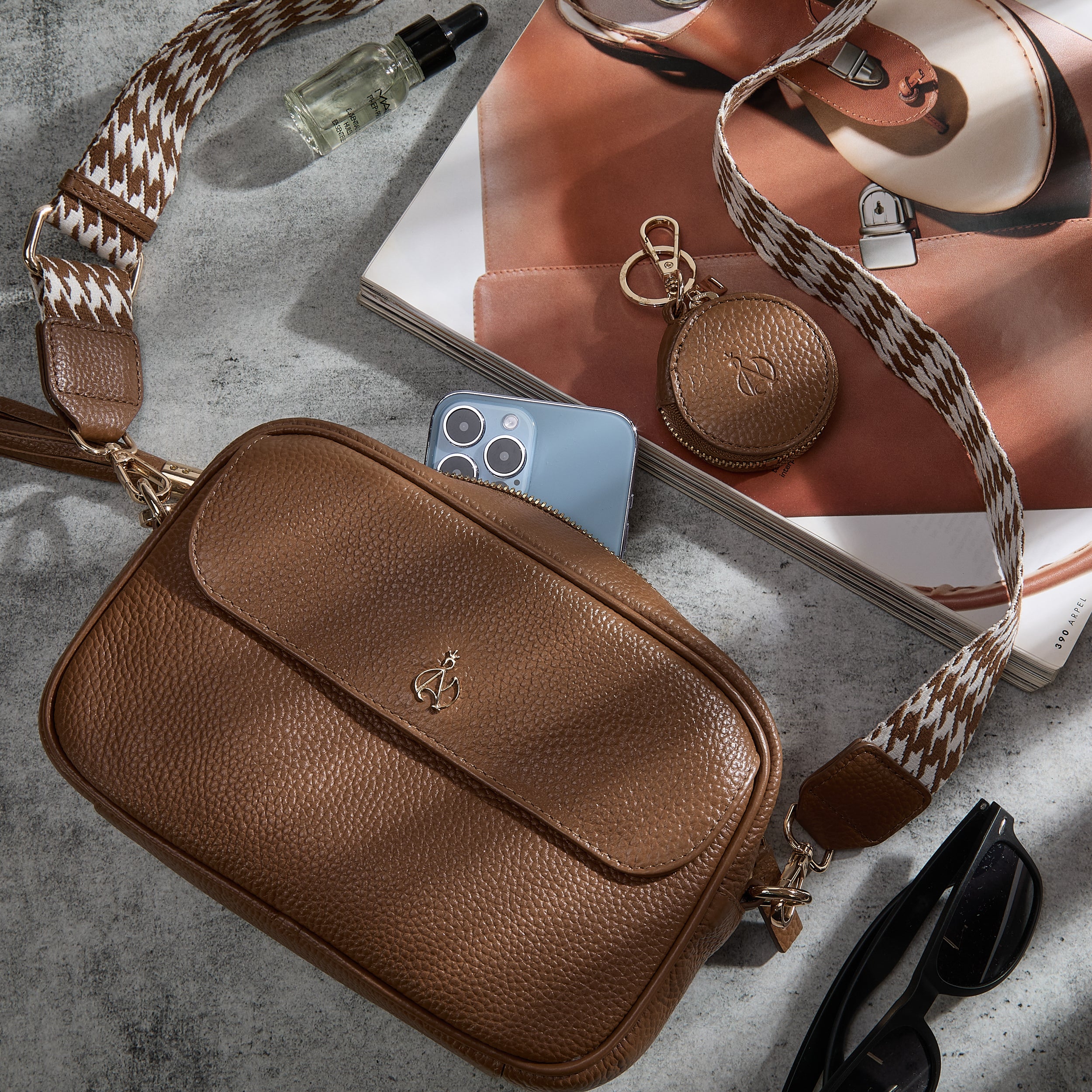 'HACKNEY' Tan Pebble Grain Real Leather Crossbody Bag