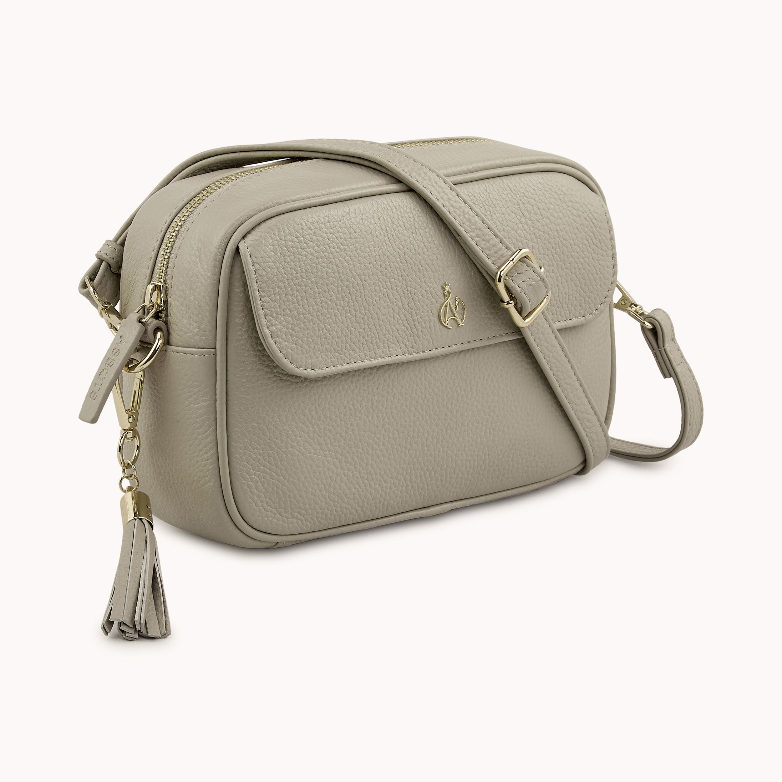 'HACKNEY' Fog Grey Pebble Grain Real Leather Crossbody Bag