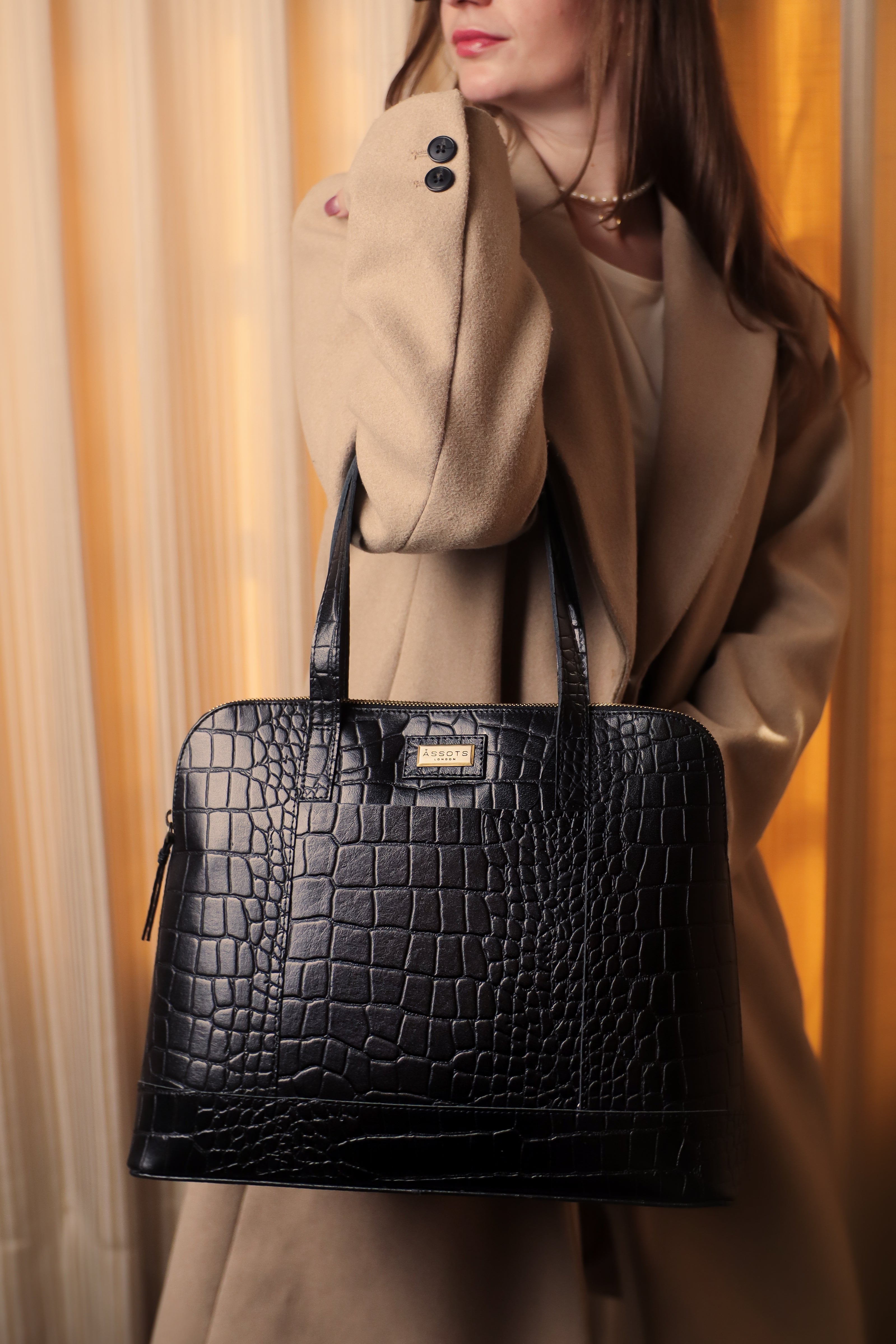 'Eva' Black Croc Real Leather Designer Unlined Tote Bag