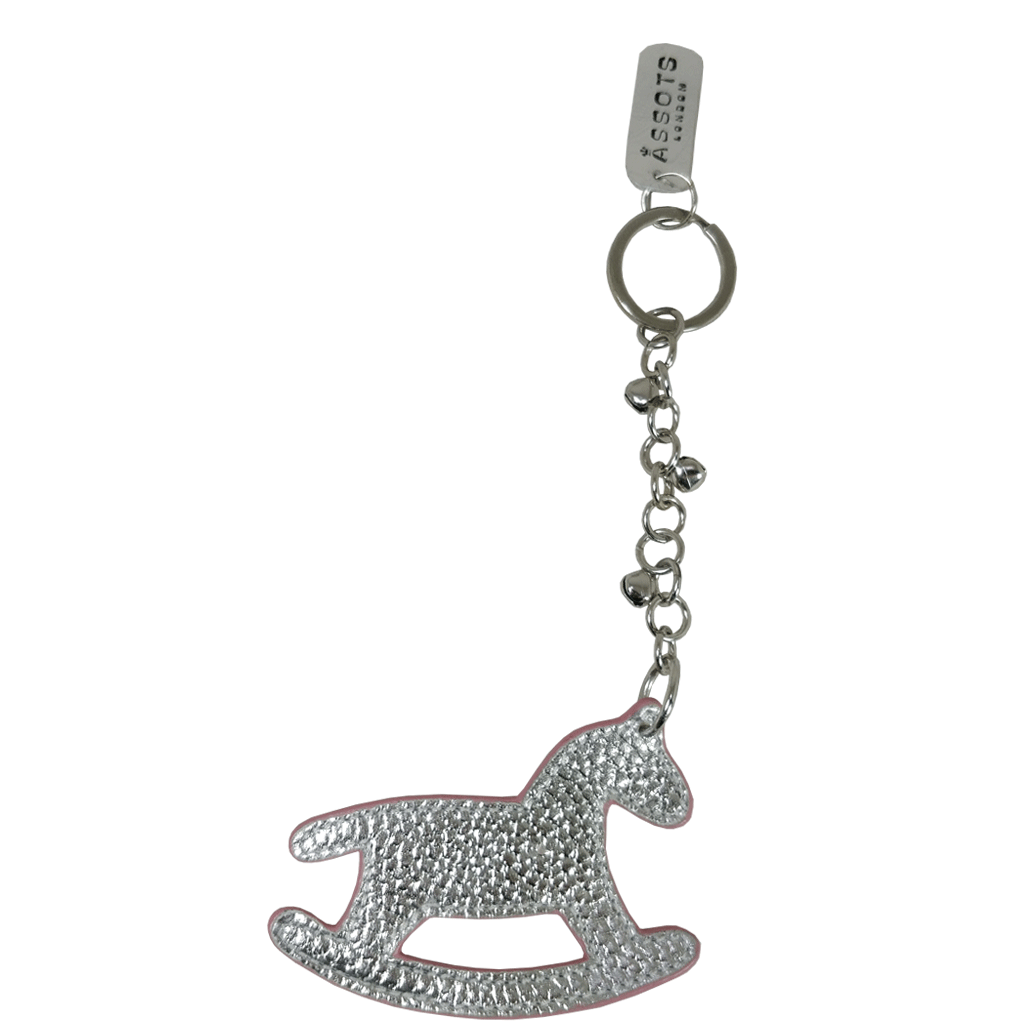 'WOOD HORSE' Super Cute Silver Metallic Leather Key Ring Holder