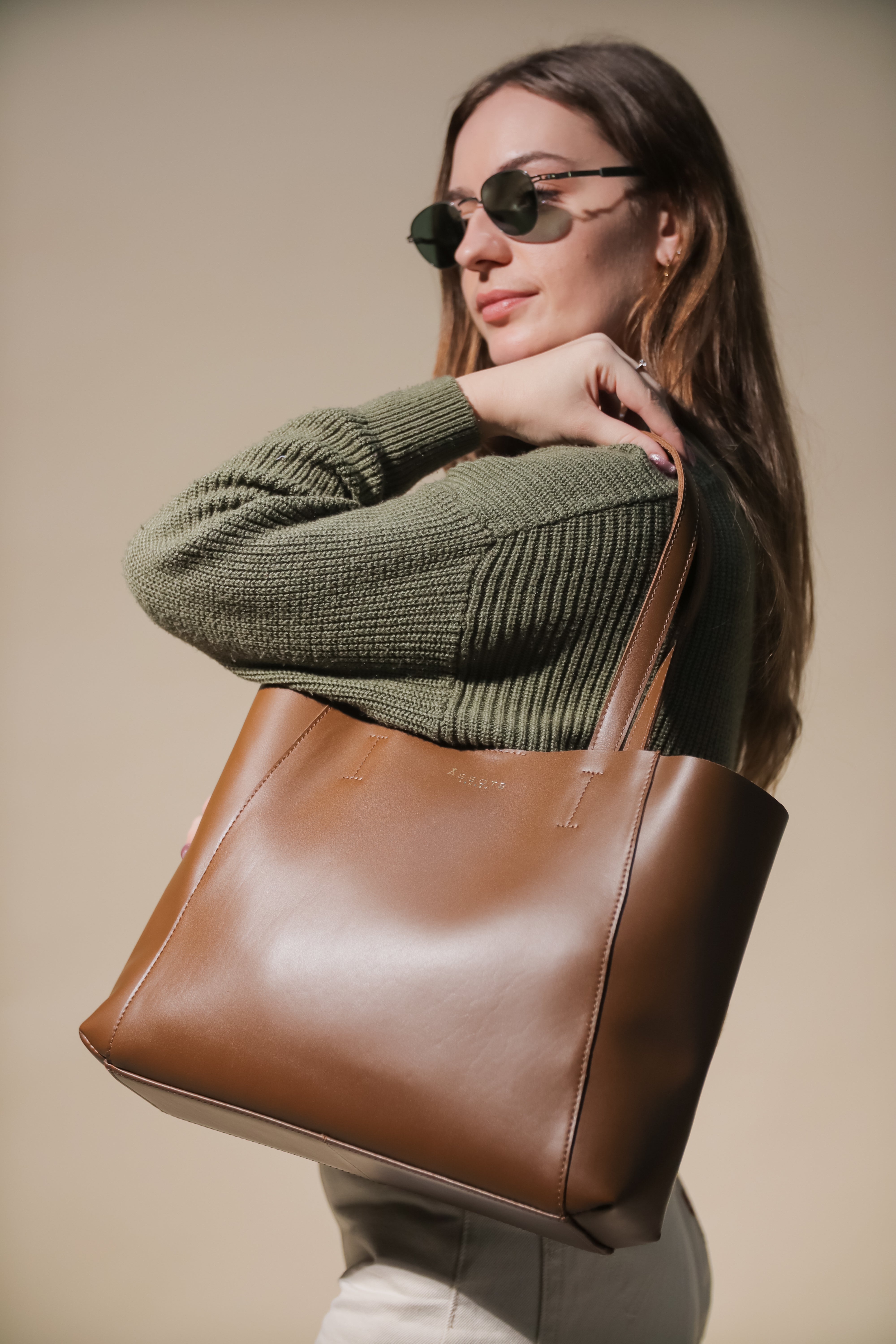 'ADELA' Tan Smooth Real Leather Unlined Designer Tote Bag