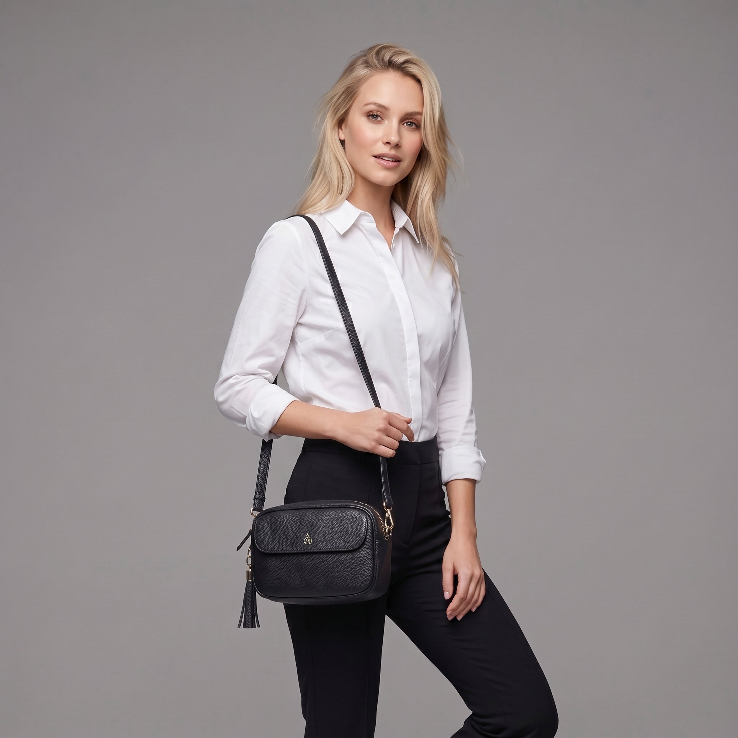 'HACKNEY' Navy Pebble Grain Real Leather Crossbody Bag