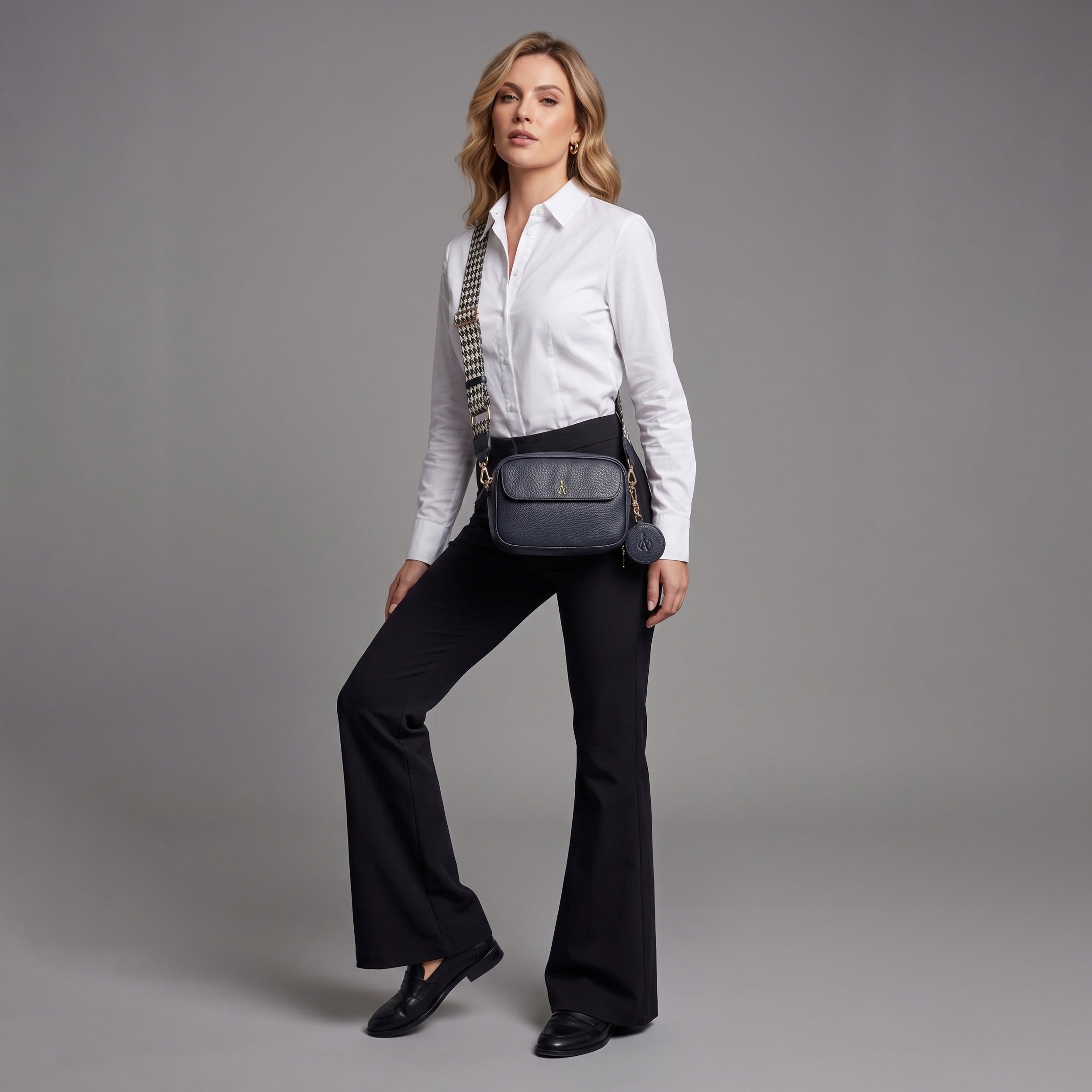 'HACKNEY' Navy Pebble Grain Real Leather Crossbody Bag