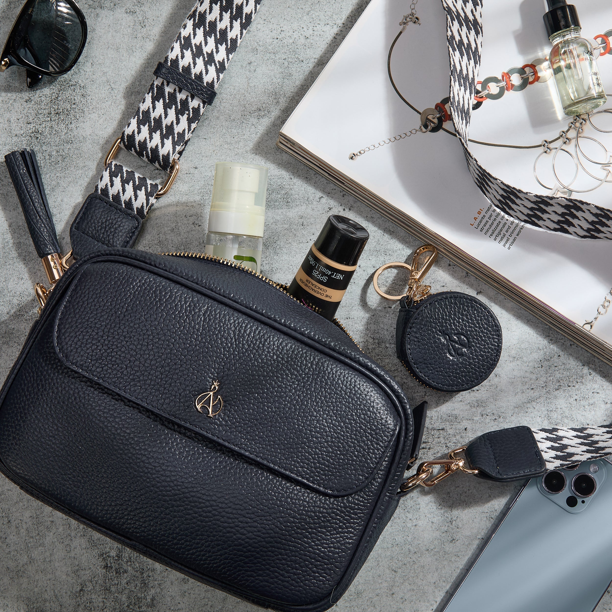 'HACKNEY' Navy Pebble Grain Real Leather Crossbody Bag