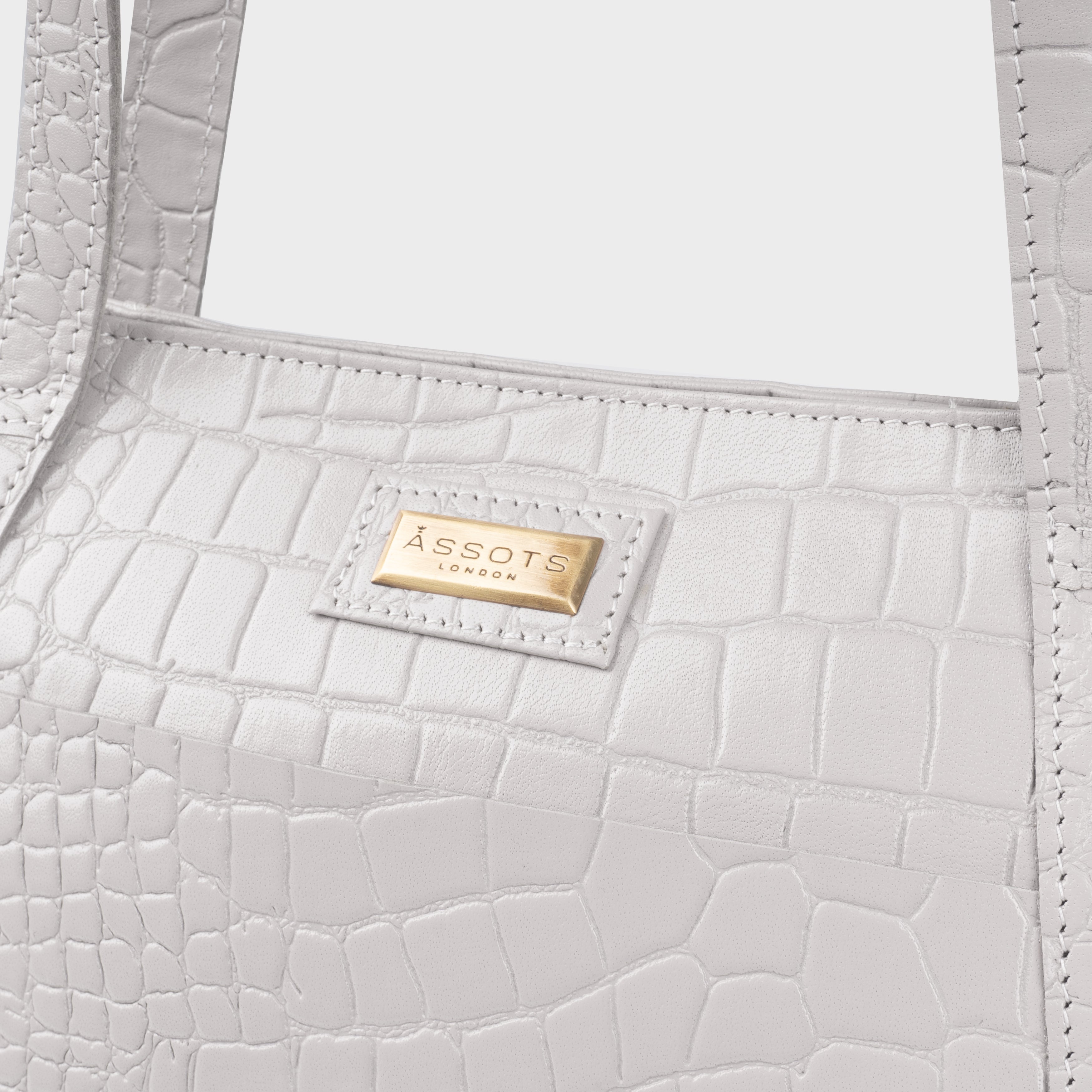 'AGNES' Ice Grey Croc Real Leather Designer Tote Bag