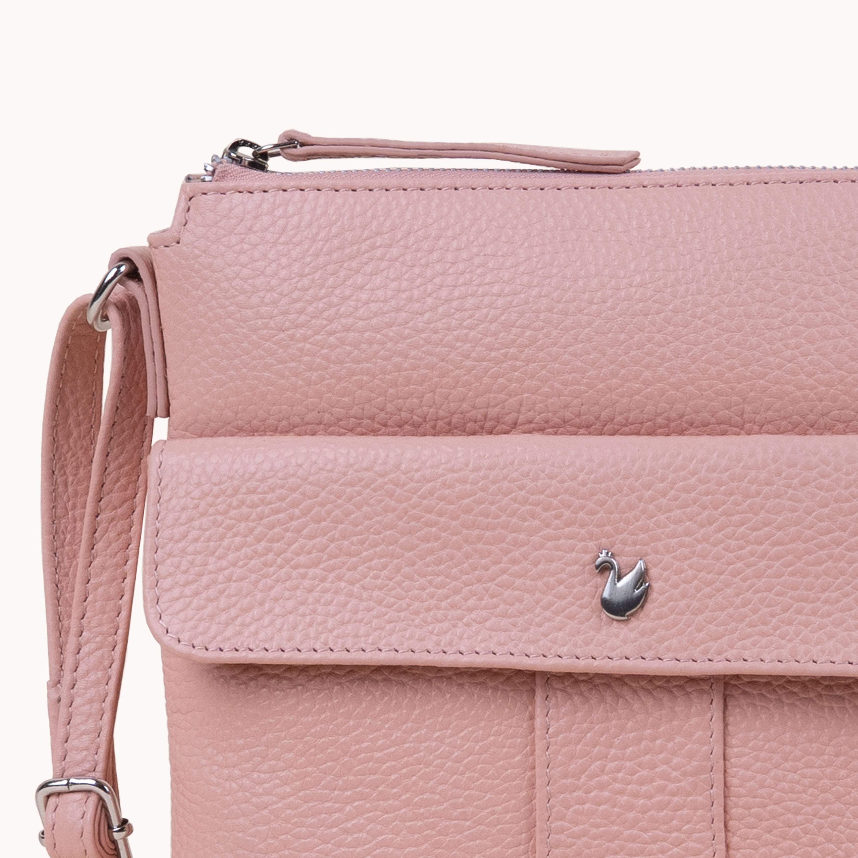 'AMBA' Peach Pebble Grain Real Leather Crossbody Bag