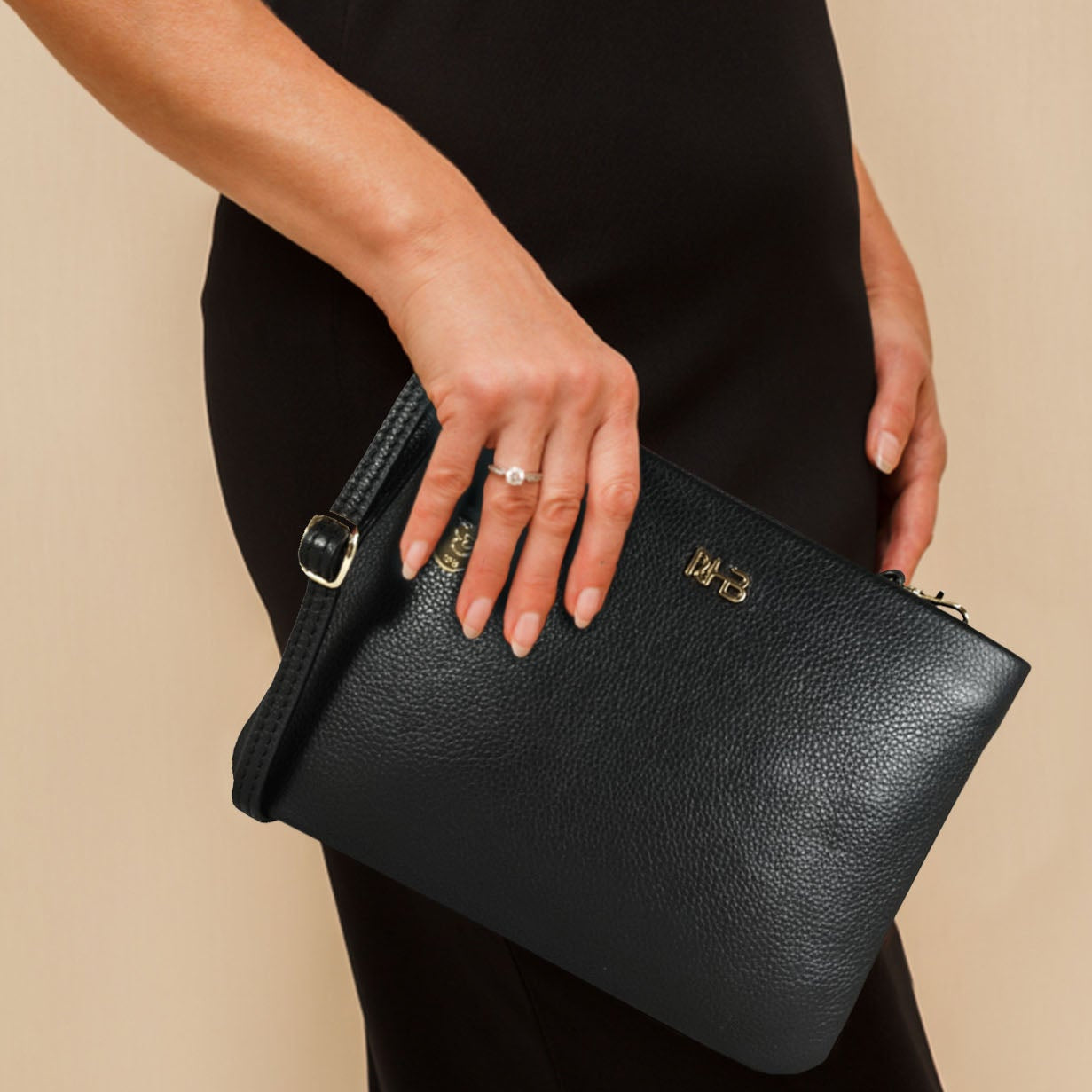 'SOPHIA' Black Pebble Grain Zip Top Leather Crossbody Bag