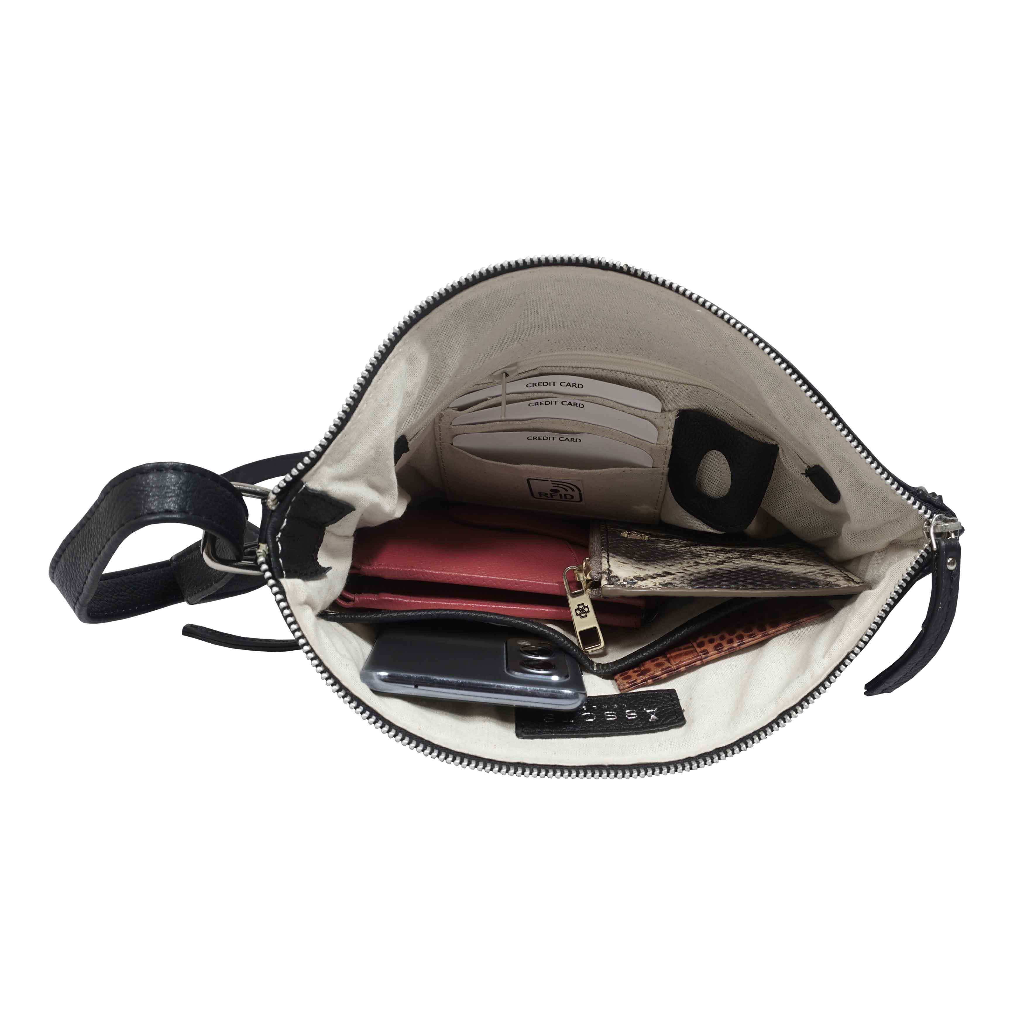 'AGATHA' Black Real Soft Pebble Grain Leather Crossbody Bag