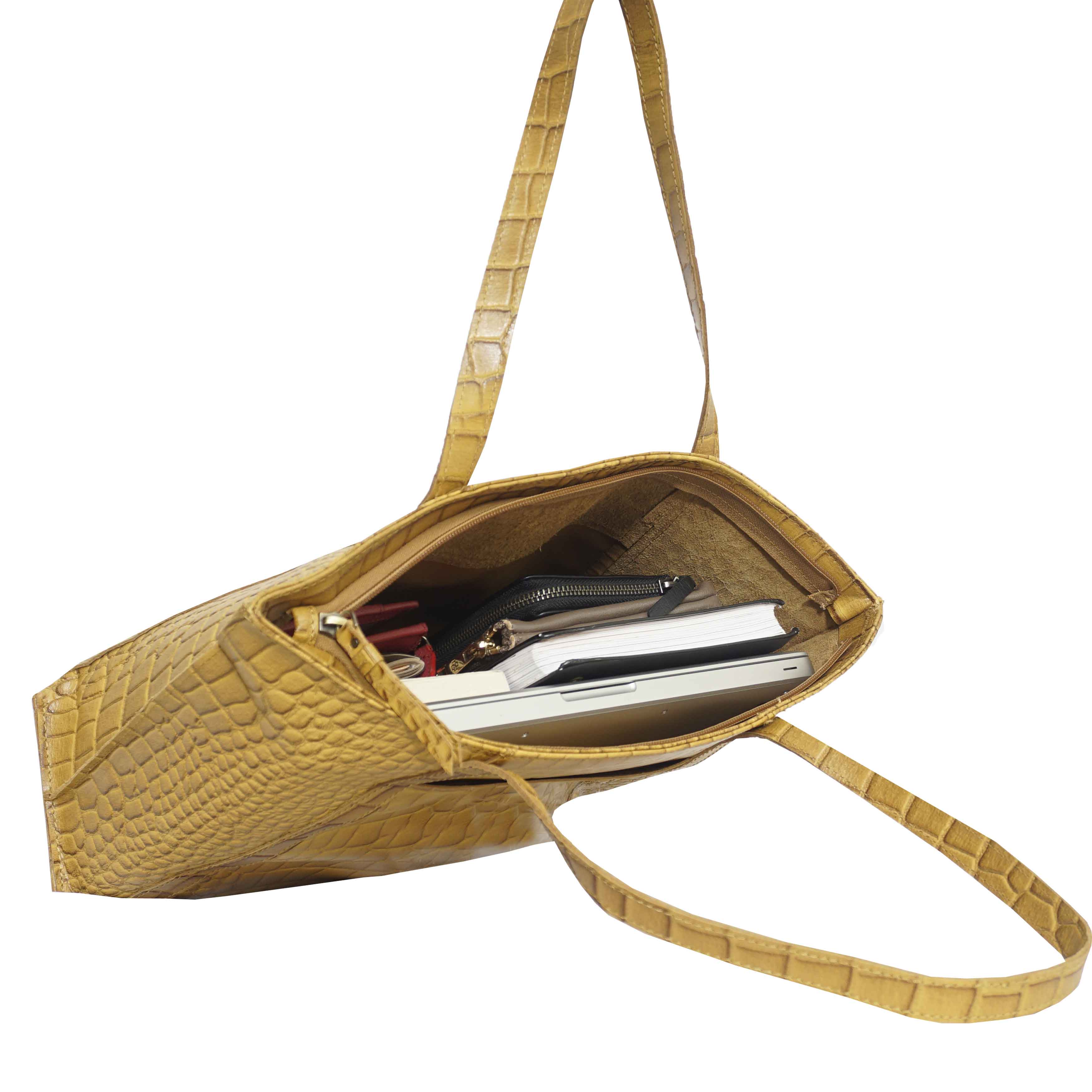 'AGNES' Ochre Mustard Croc Real Leather Designer Tote Bag