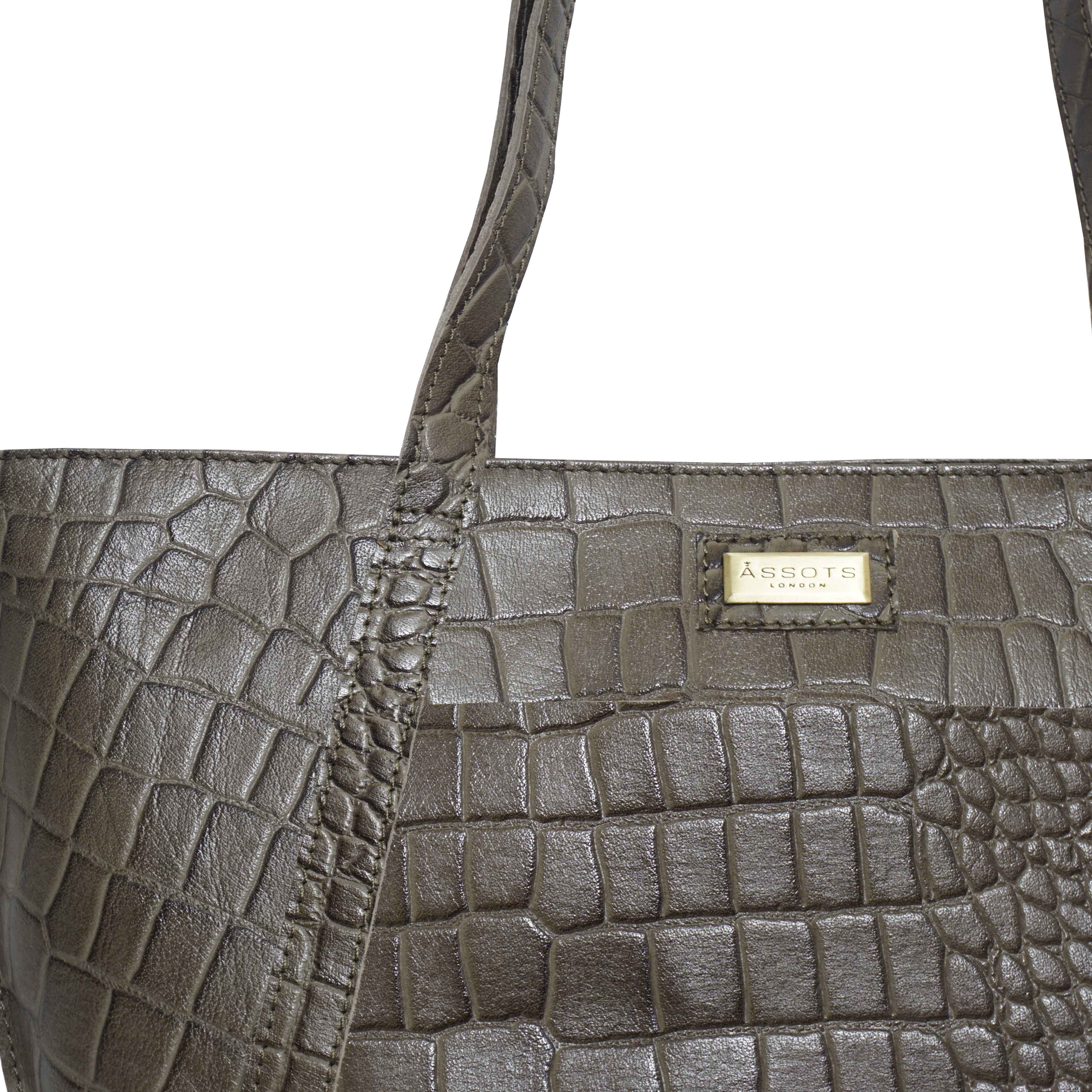 'AGNES' Olive Croc Real Leather Designer Tote Bag