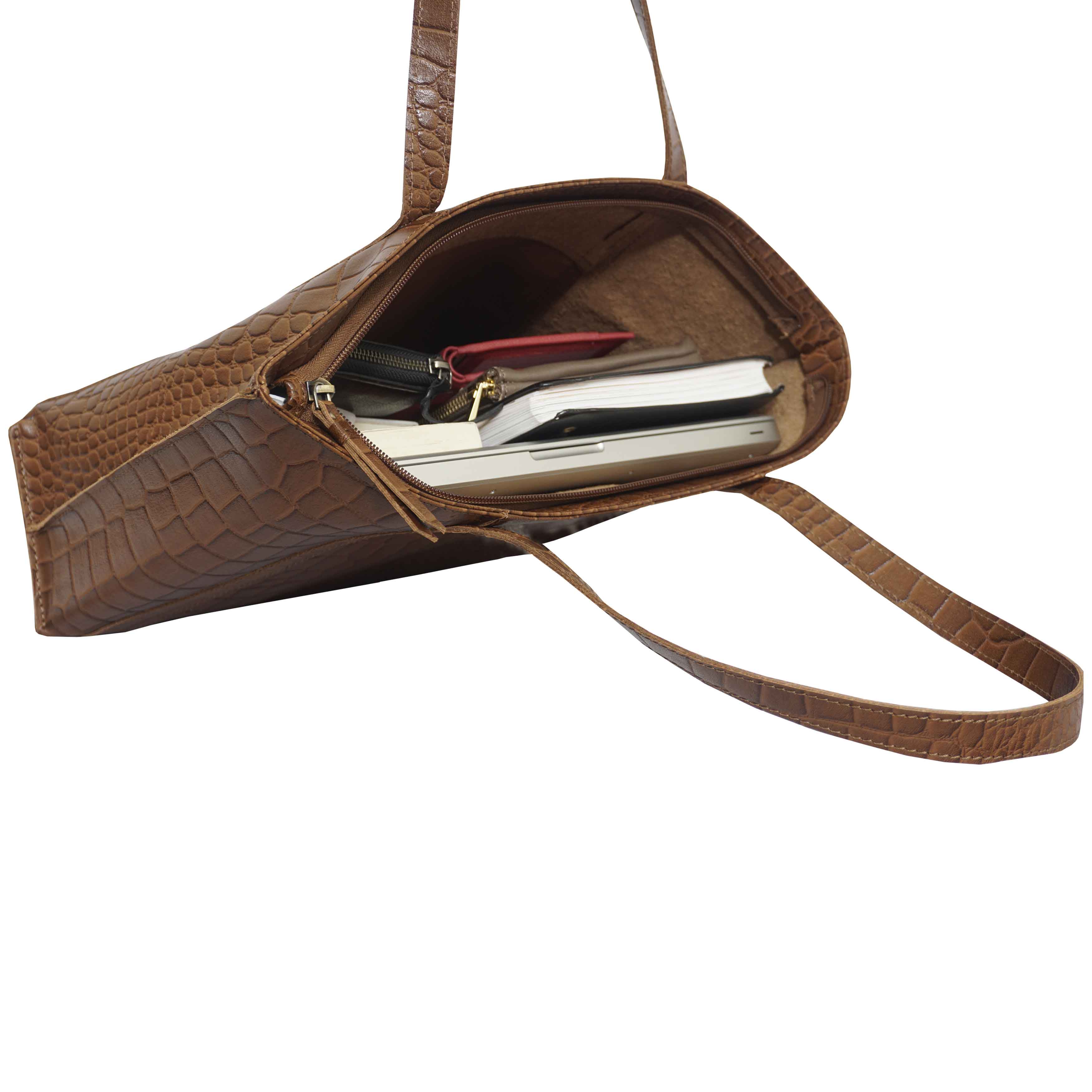 'AGNES' Tan Croc Real Leather Designer Tote Bag