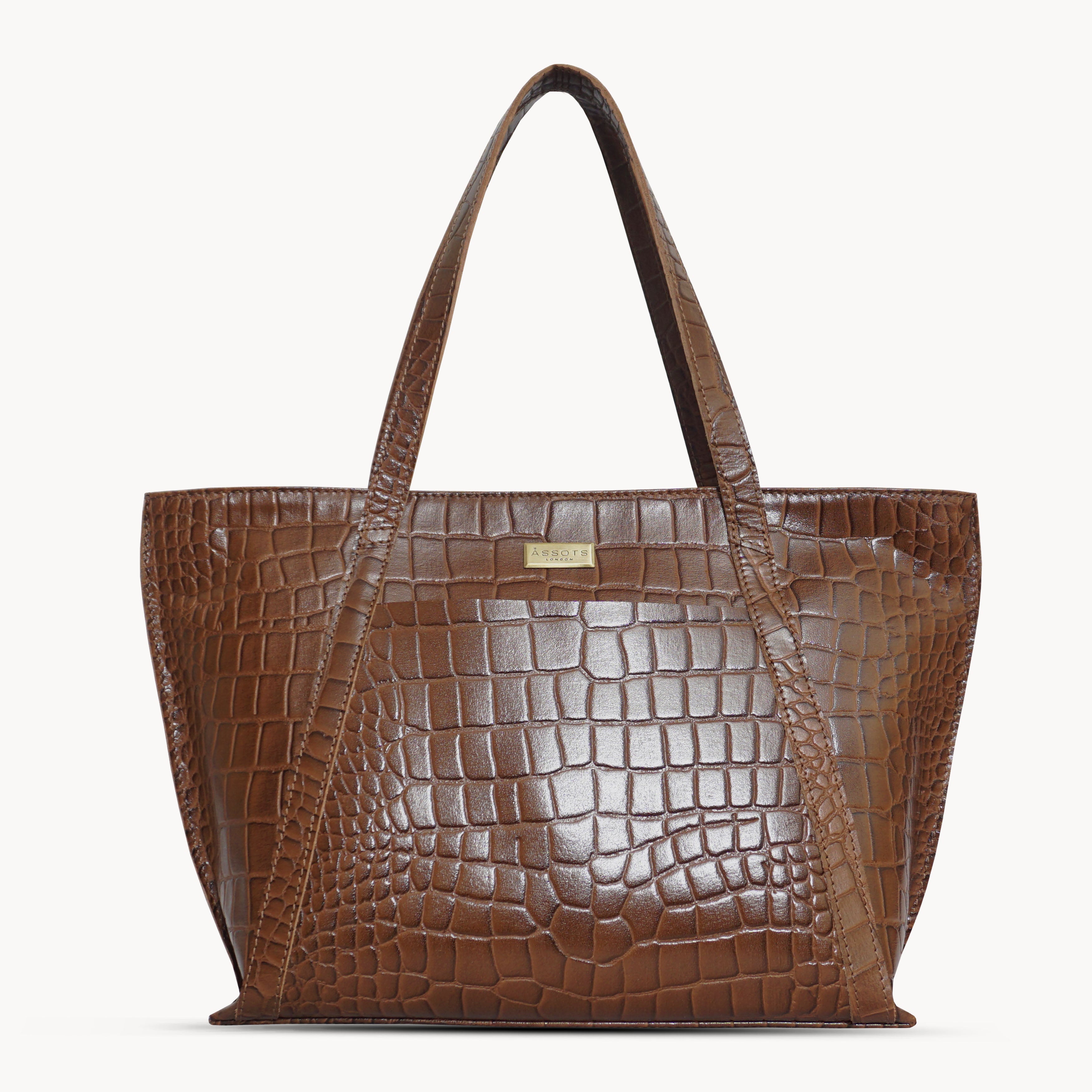 'AGNES' Tan Croc Real Leather Designer Tote Bag