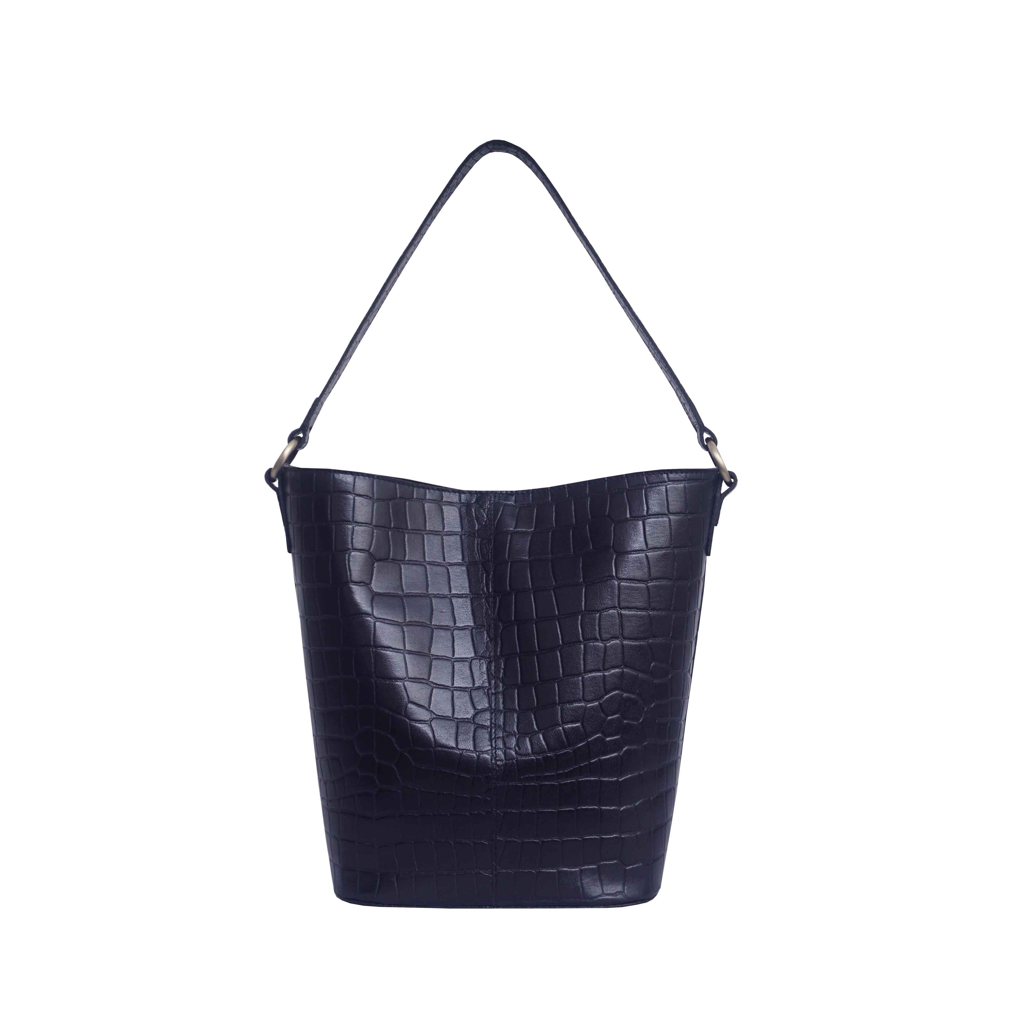 'AMELIA' Navy Real Croc Leather Large Capacity Bucket Bag