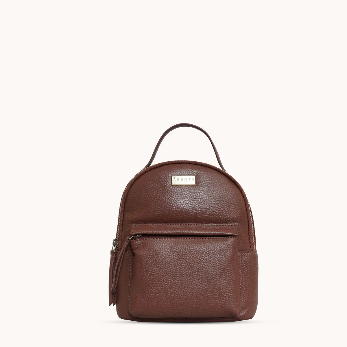 'Betty' Tan Zip Top Mini Pebble Grain Leather Backpack