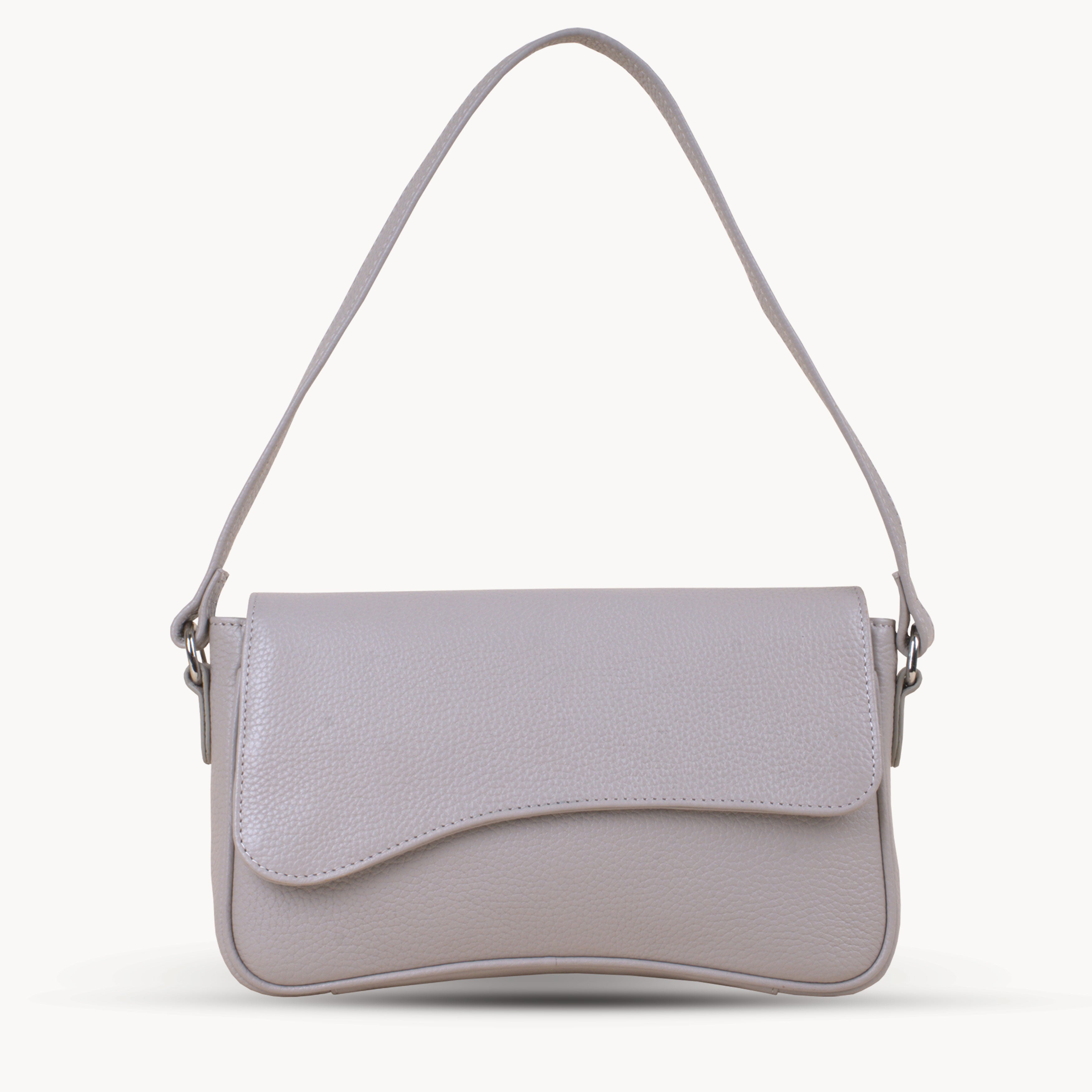'Beverly' Ice Grey Pebble Grain Real Leather Shoulder Bag