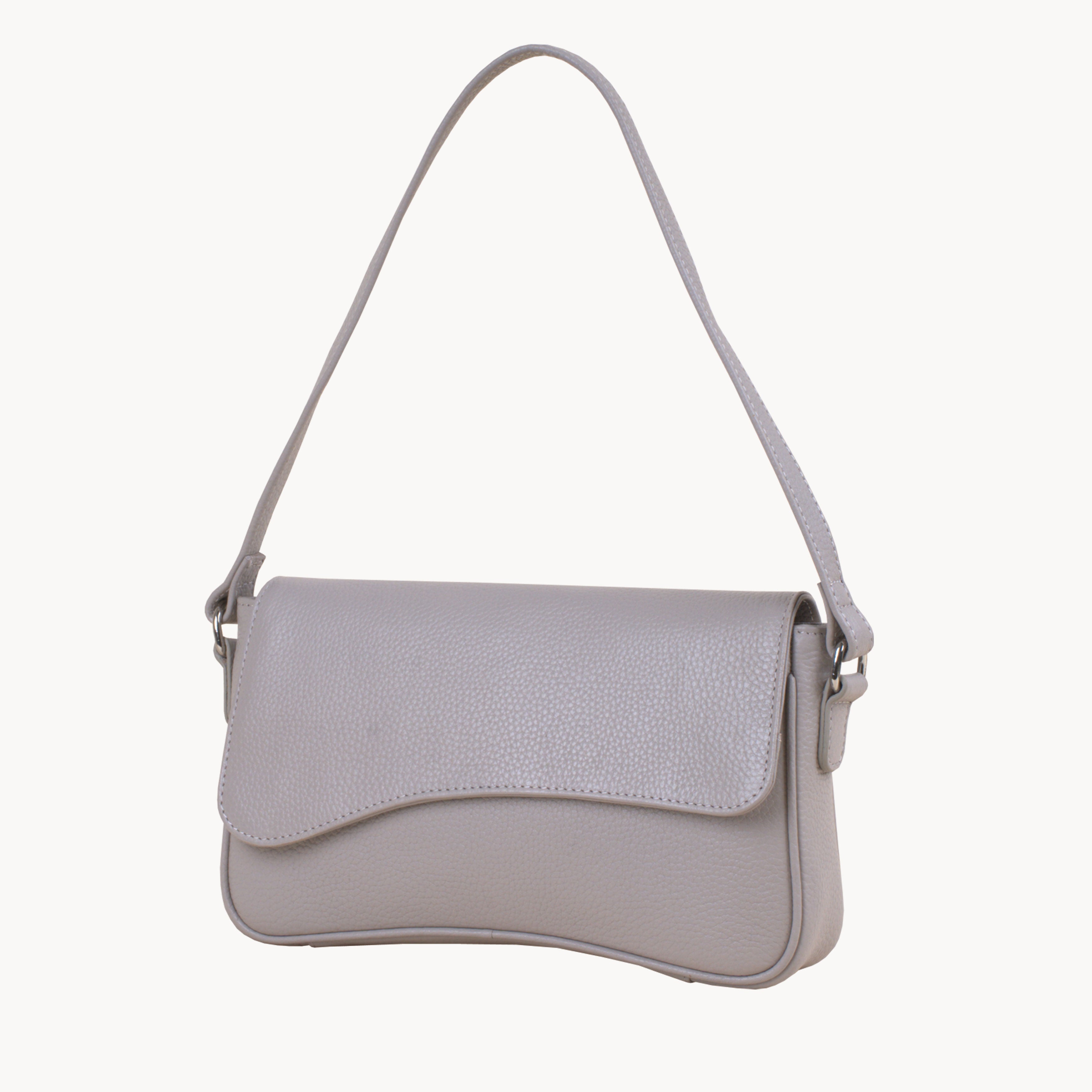 'Beverly' Ice Grey Pebble Grain Real Leather Shoulder Bag