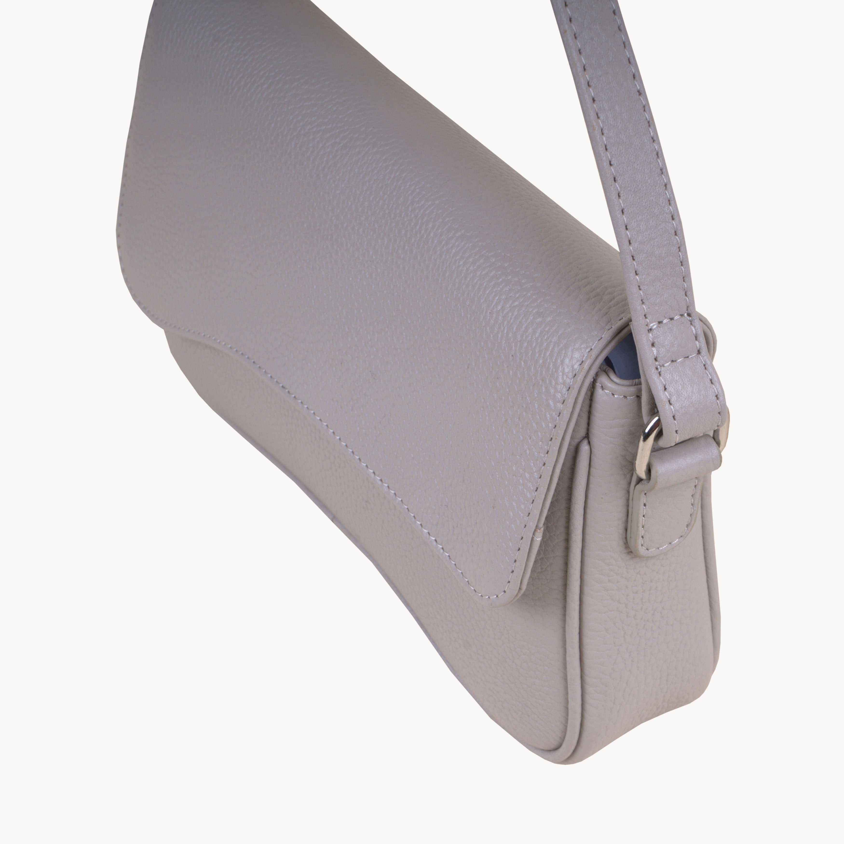 'Beverly' Ice Grey Pebble Grain Real Leather Shoulder Bag