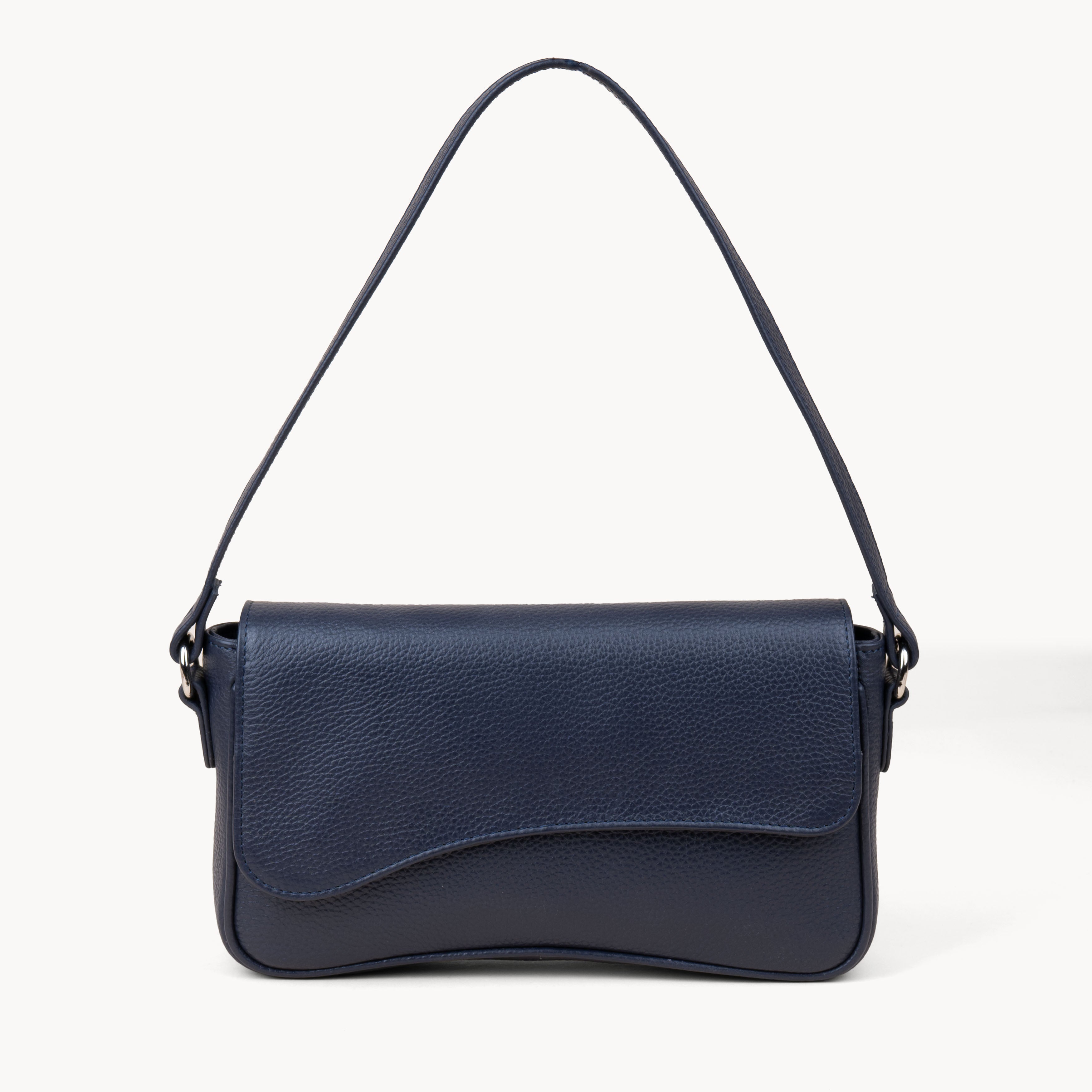 'Beverly' Navy Pebble Grain Real Leather Shoulder Bag