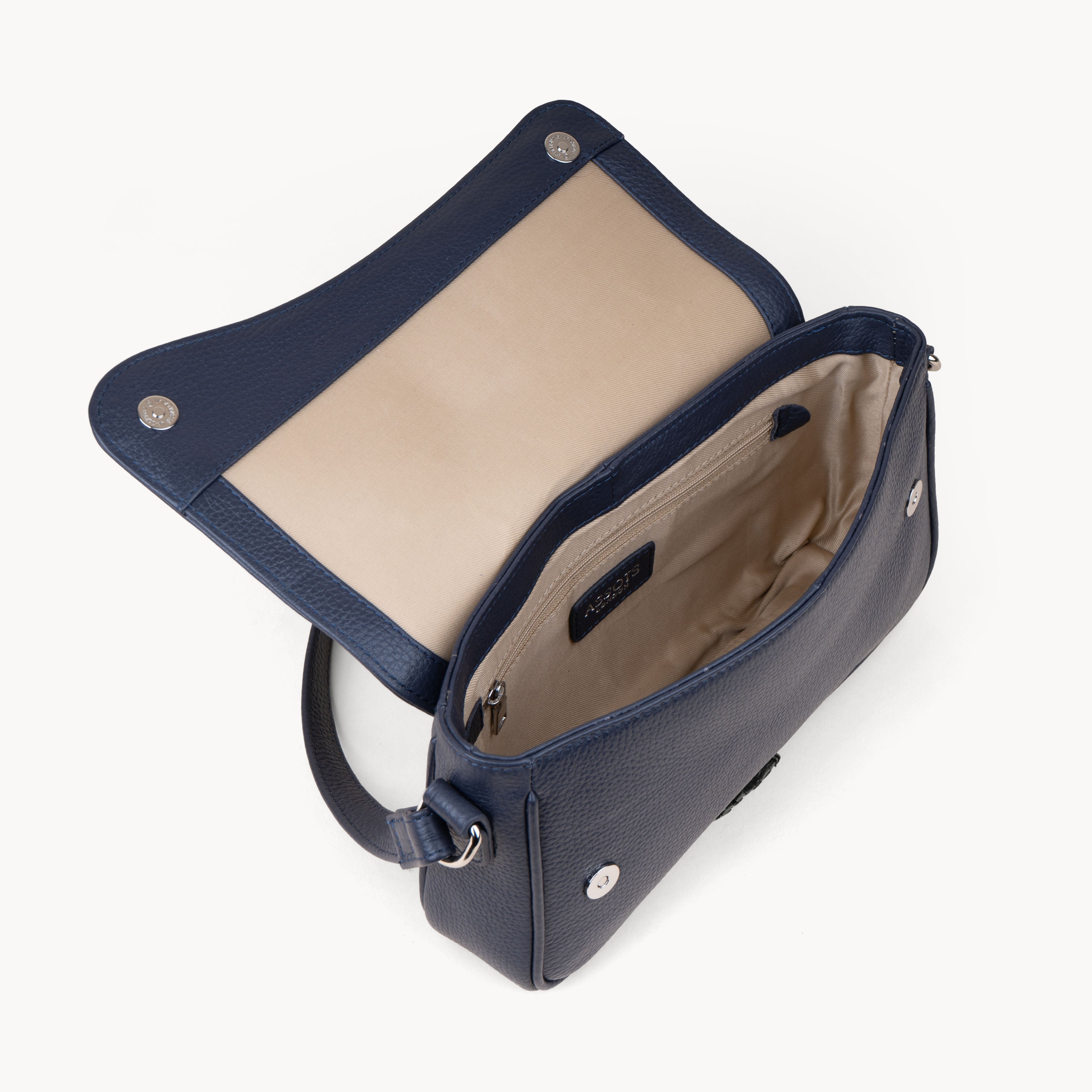 'Beverly' Navy Pebble Grain Real Leather Shoulder Bag