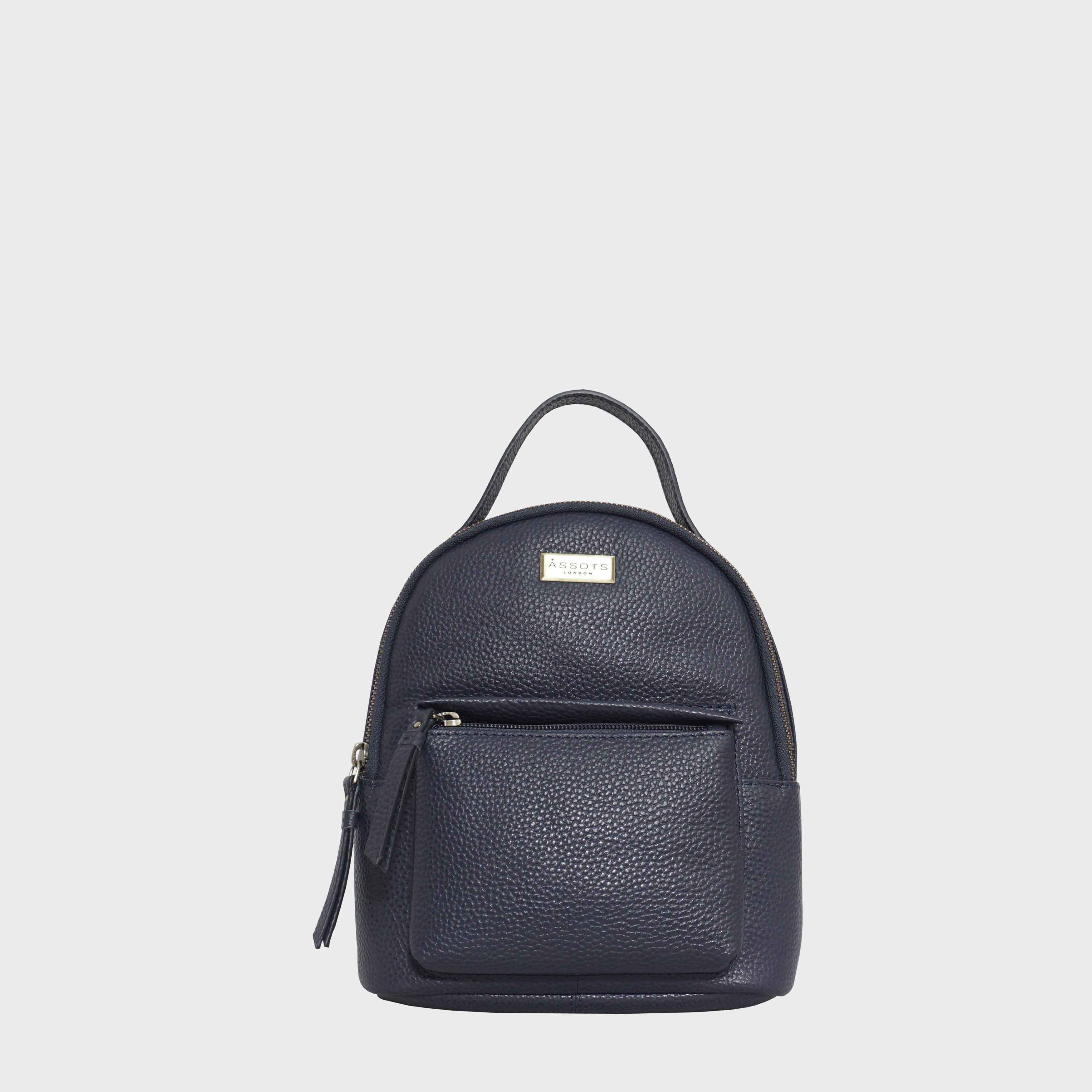 'Betty' Navy Zip Top Mini Pebble Grain Leather Backpack
