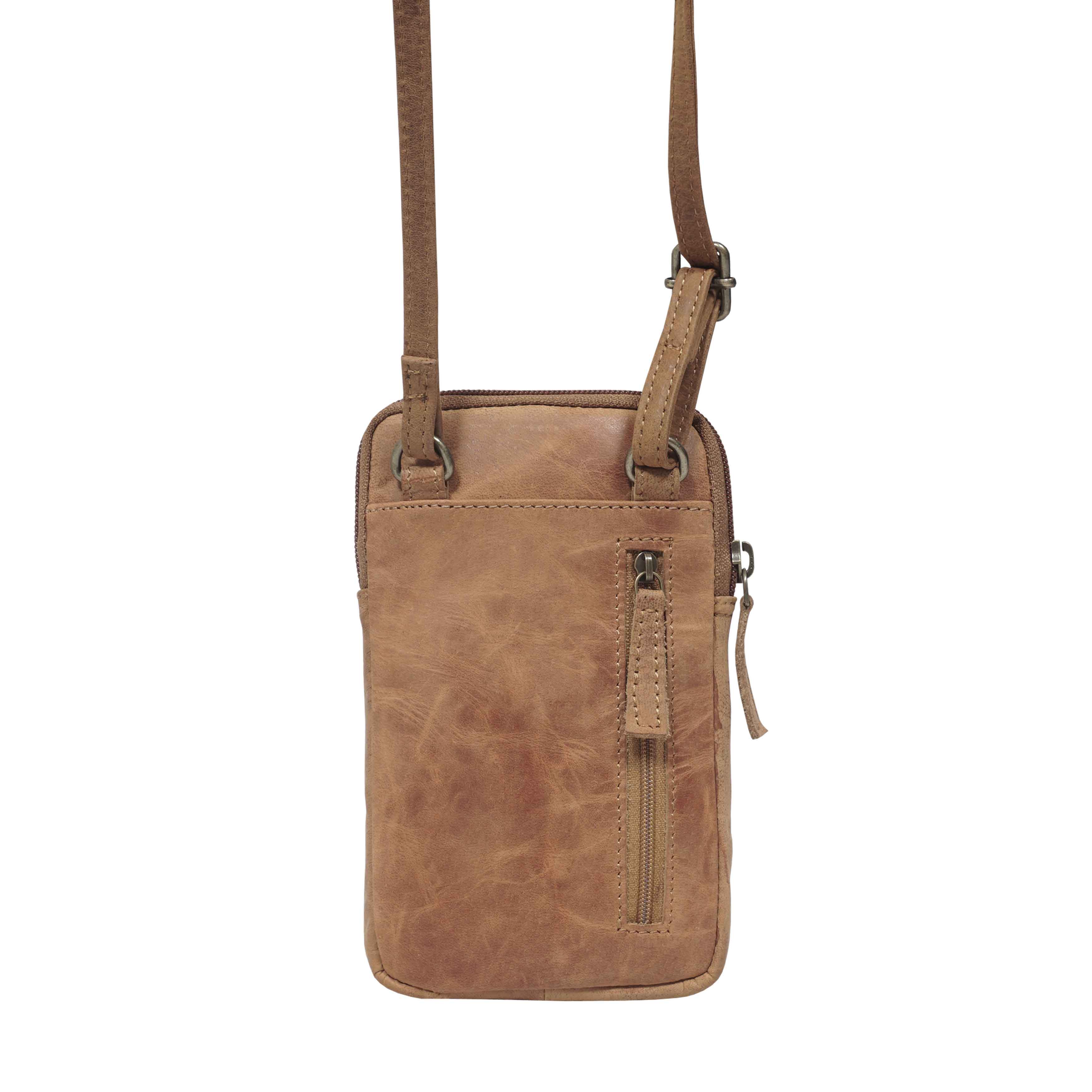 'BROOKE' Tan Distressed Real Leather Mobile Phone Crossbody Bag