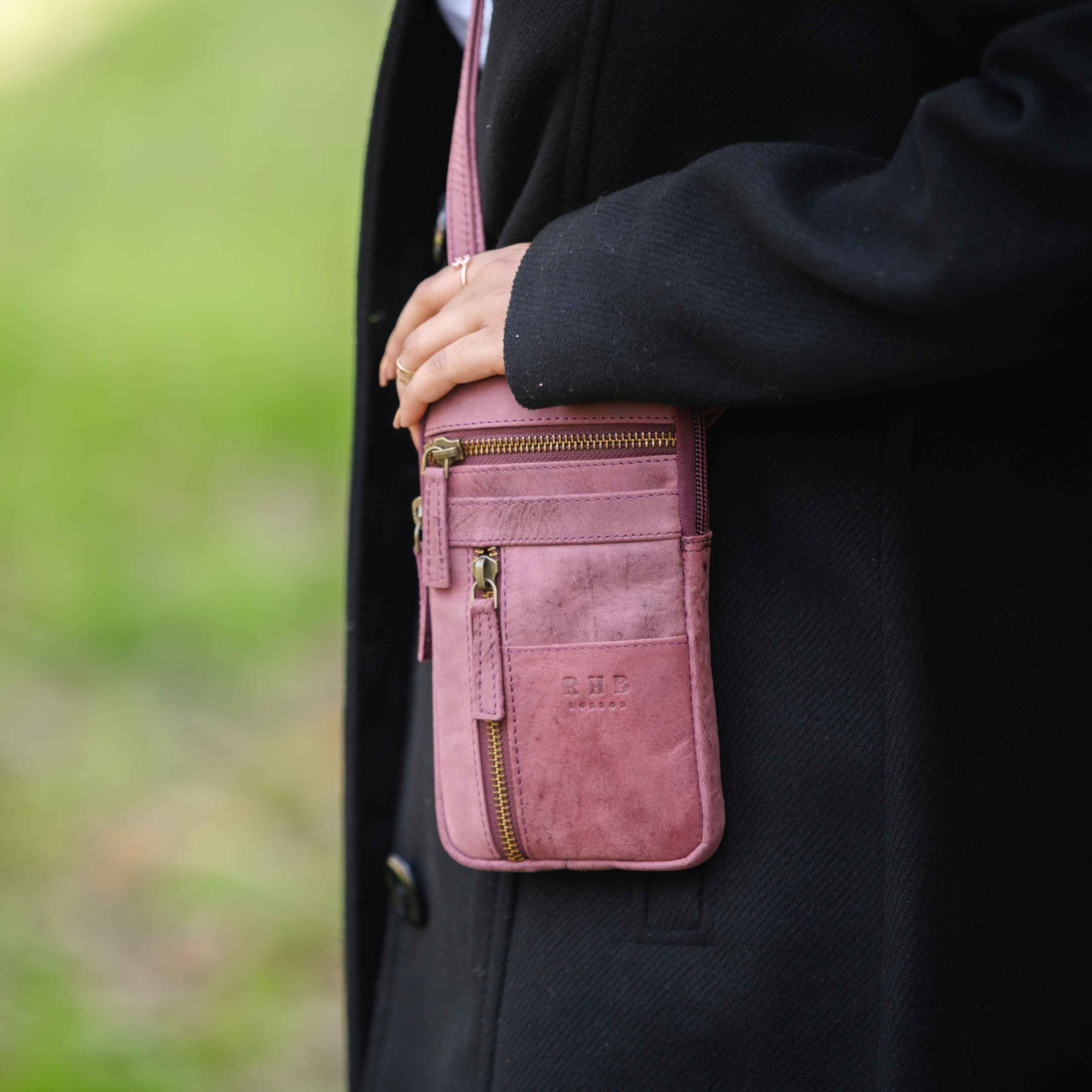'BROOKE' Plum Distressed Real Leather Mobile Phone Crossbody Bag