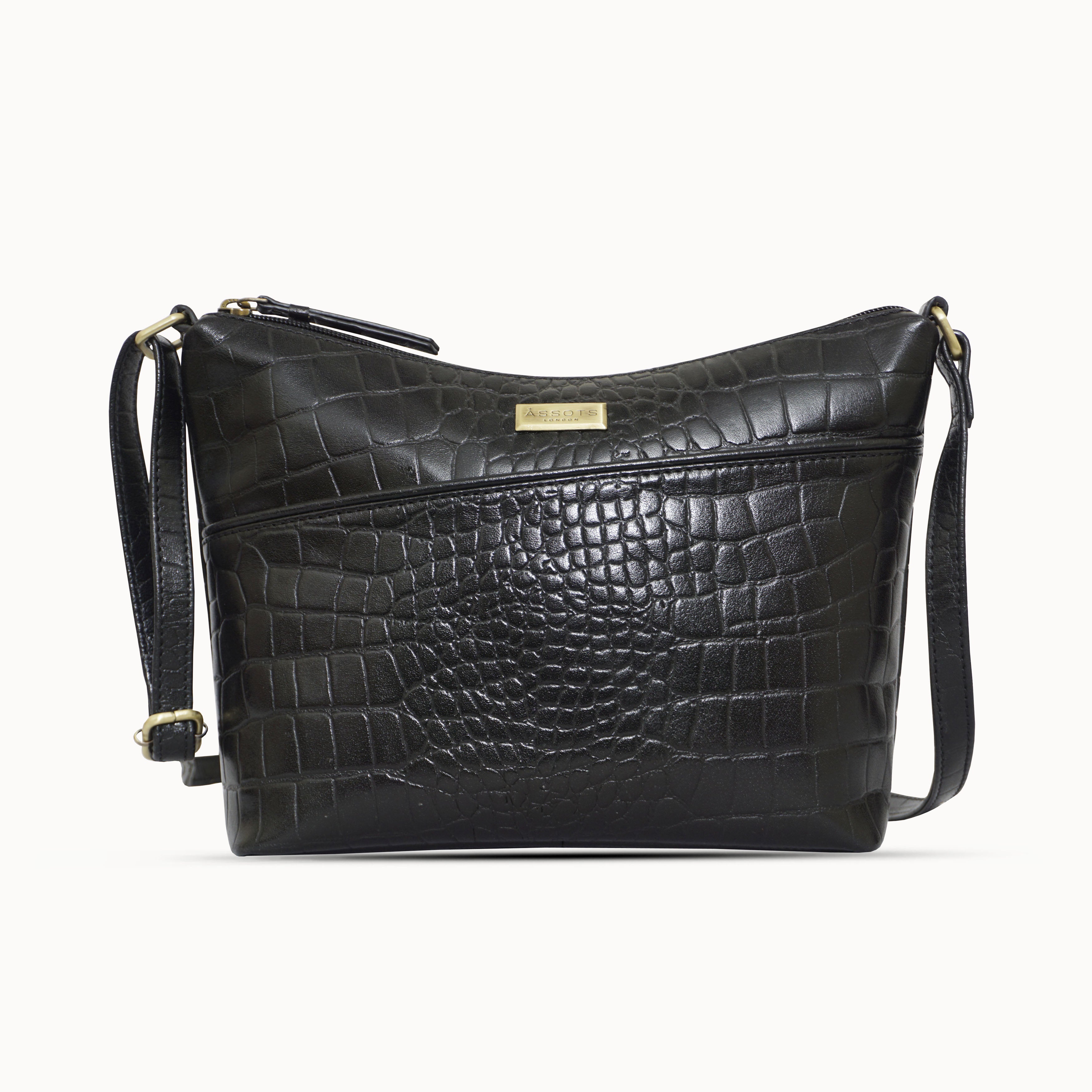 'CAROL' Black Croc Real Leather Designer Crossbody Shoulder Bag