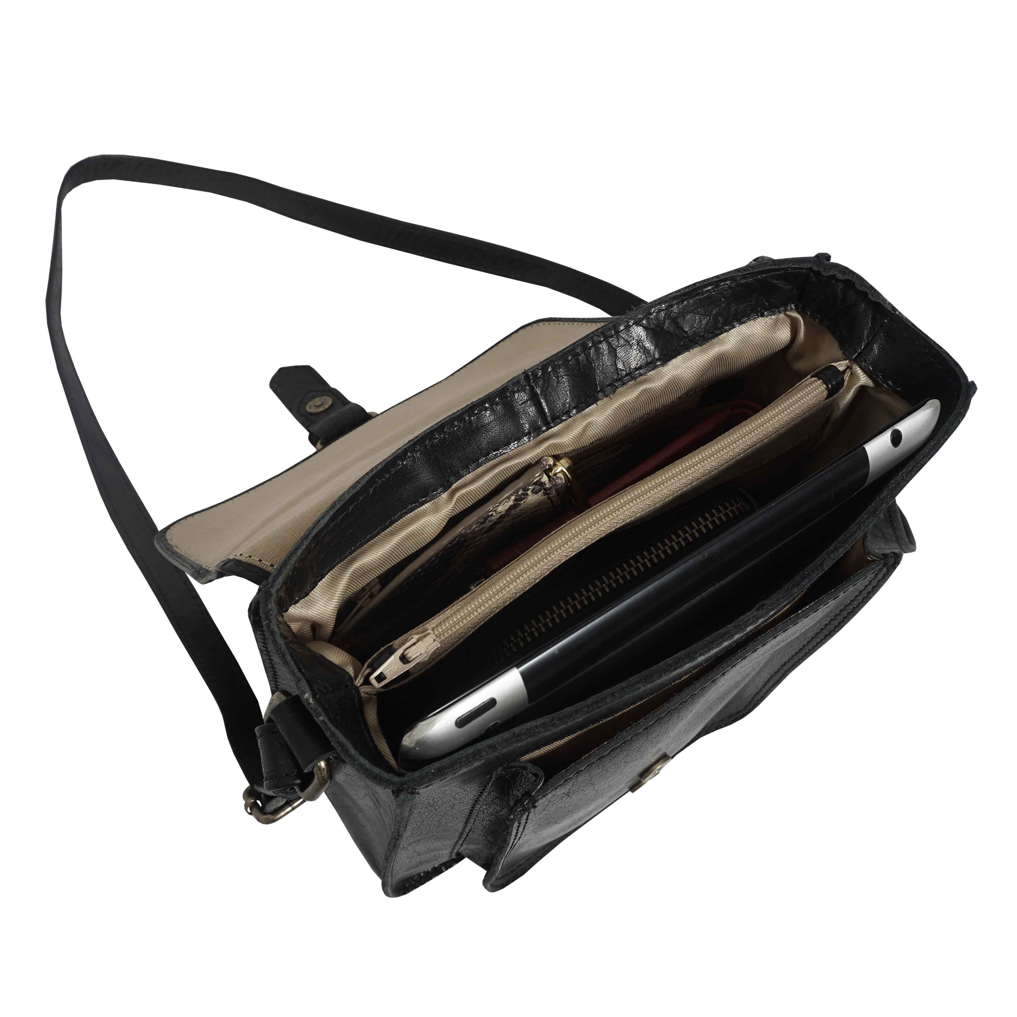 'CAROLYN' Black Polished VT Real Leather iPad Tablet Crossbody Bag