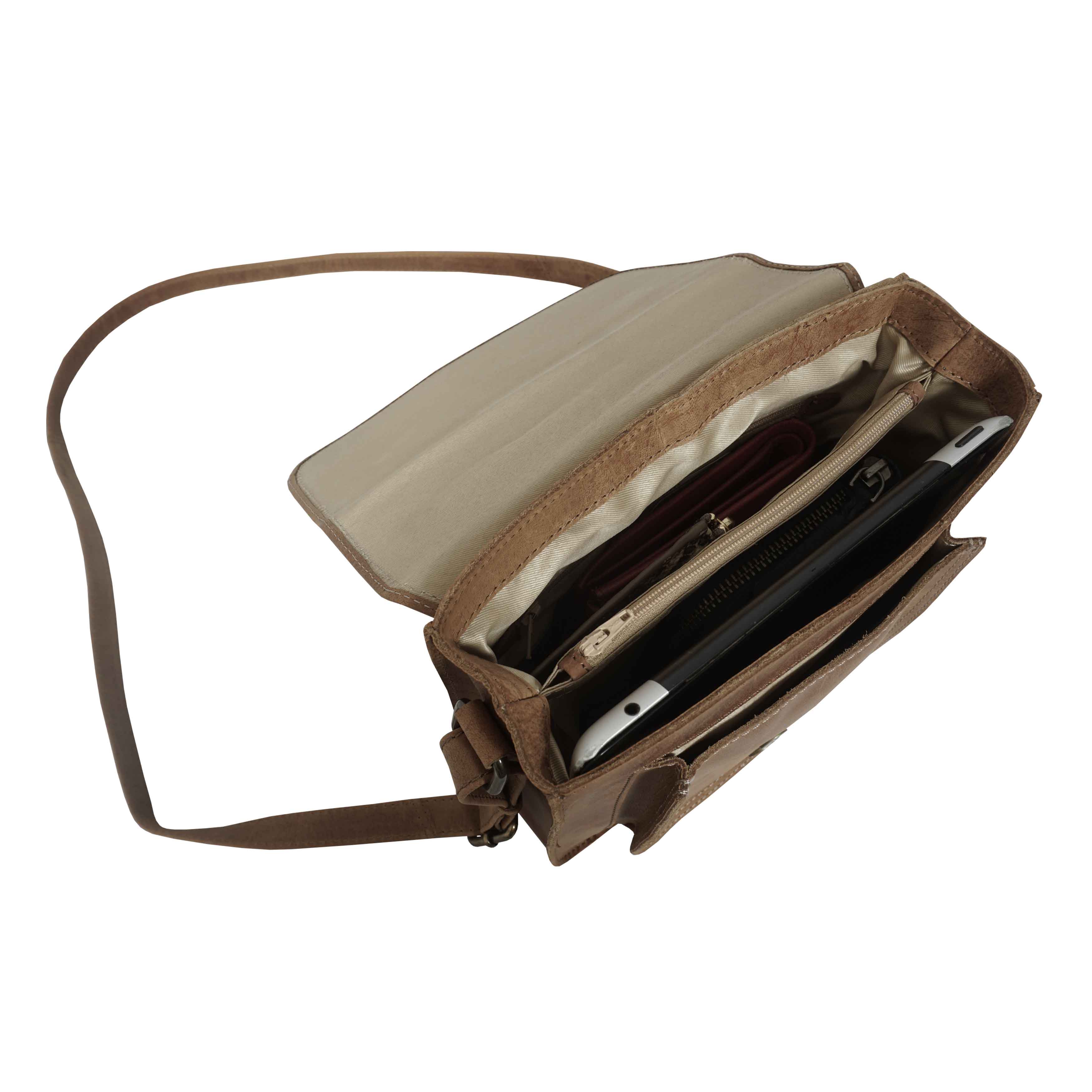 'CAROLYN' Tan Distressed Real Leather iPad Tablet Crossbody Bag