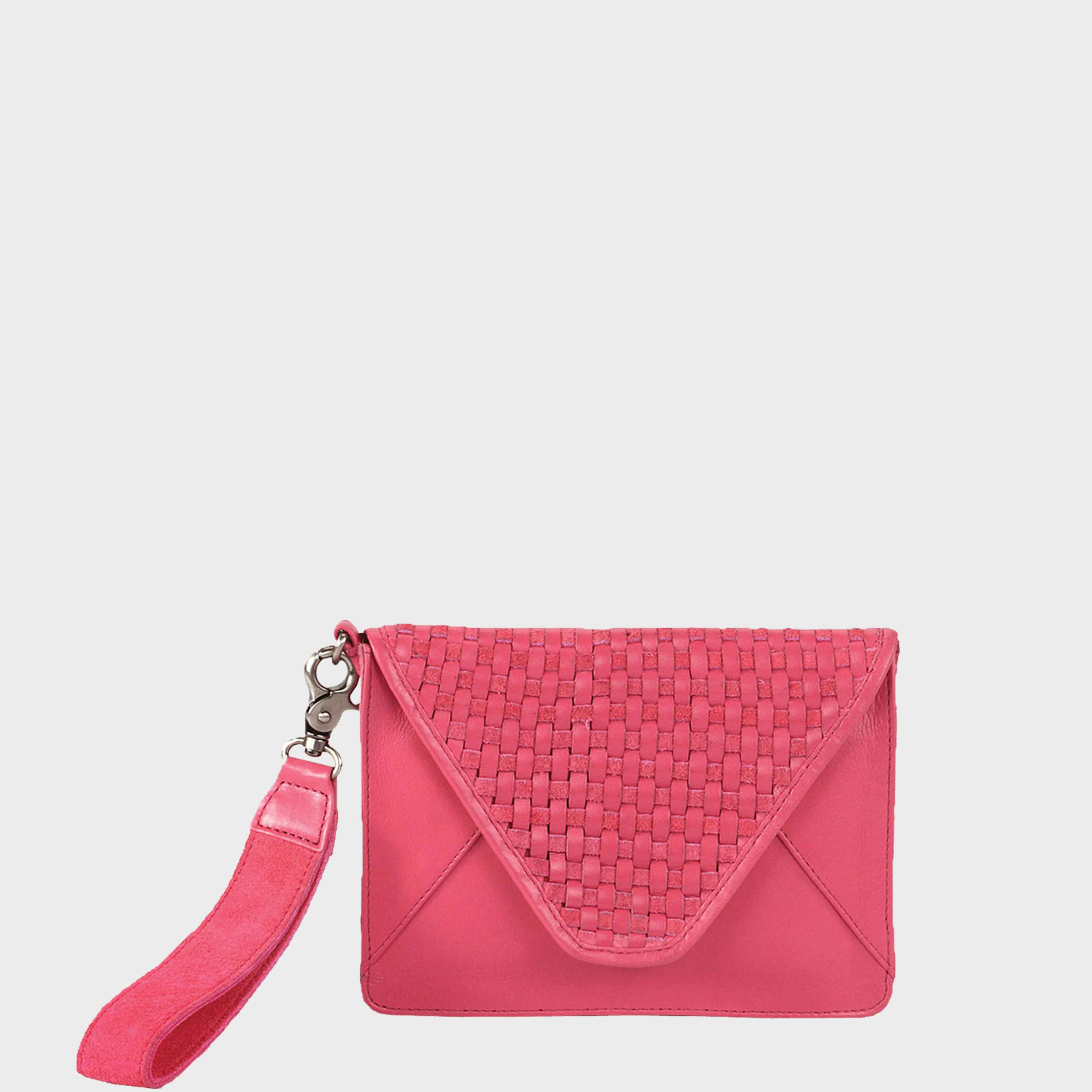 'CRESCENT' Pink Leather Flap-over Woven Clutch Bag